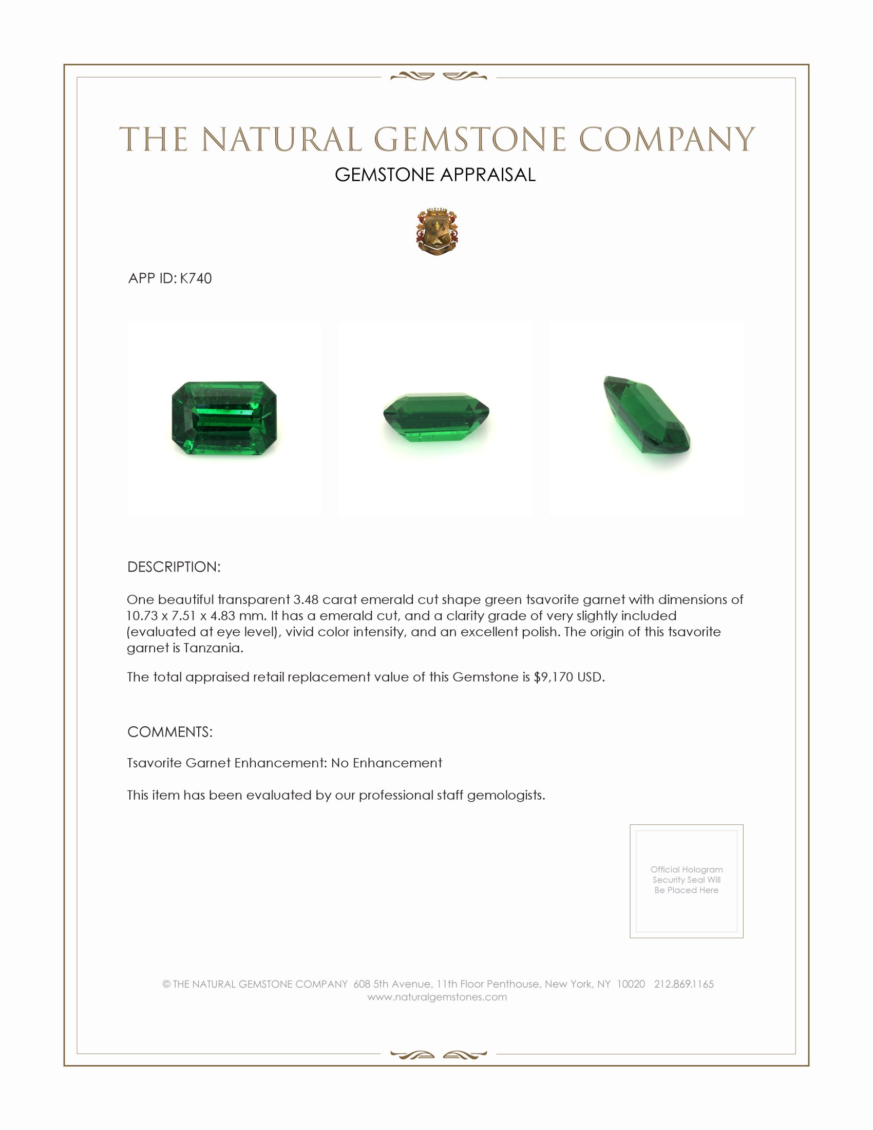 3.48 Ct. Tsavorite Garnet from Tanzania