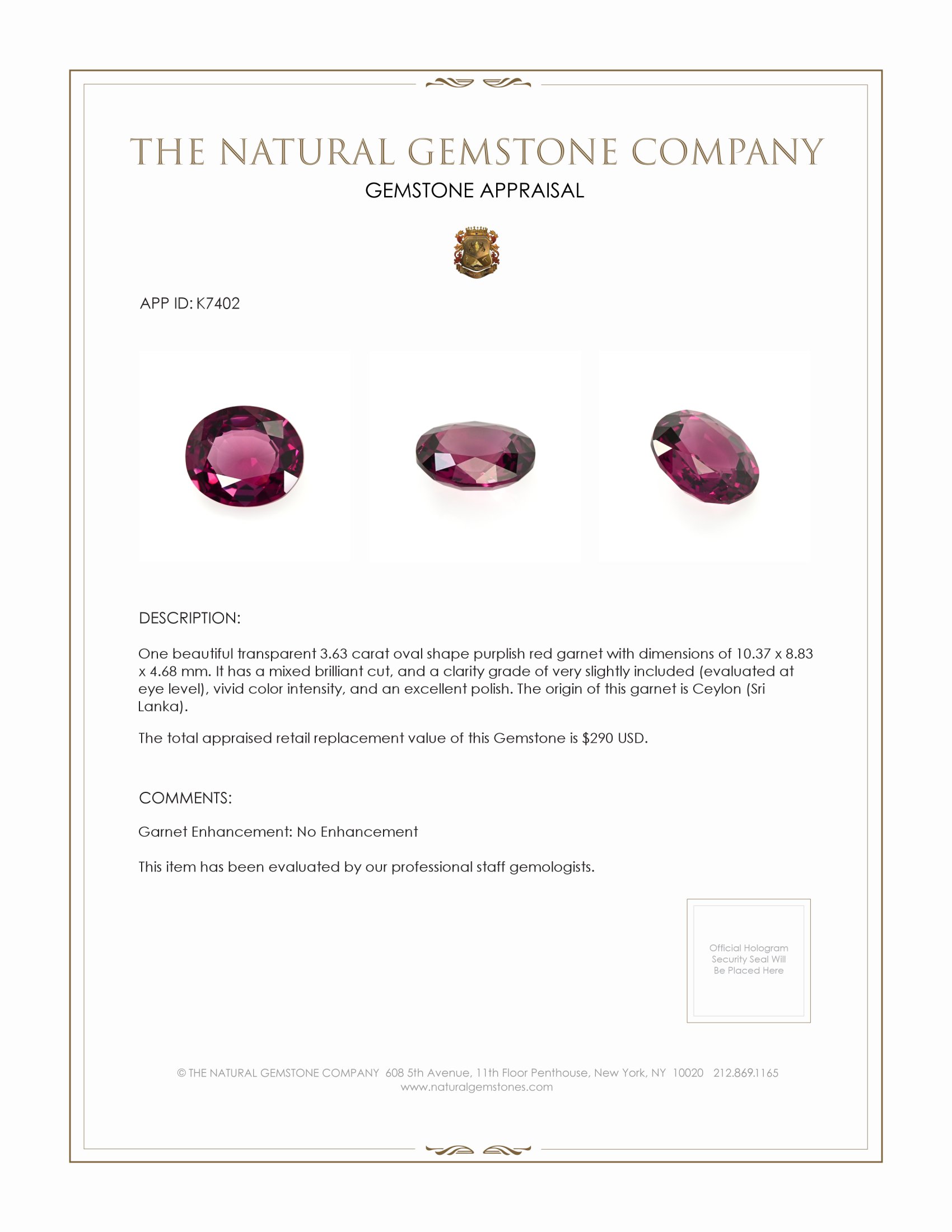 3.63 Ct. Garnet from Ceylon (Sri Lanka)