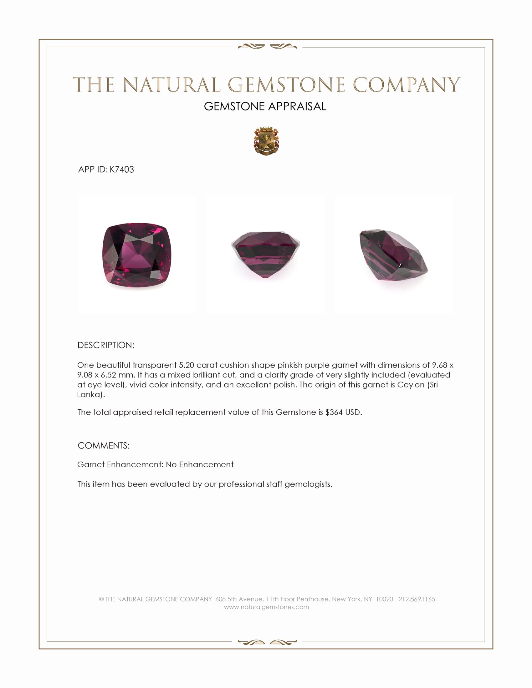 5.20 Ct. Pinkish Purple Garnet from Ceylon (Sri Lanka)