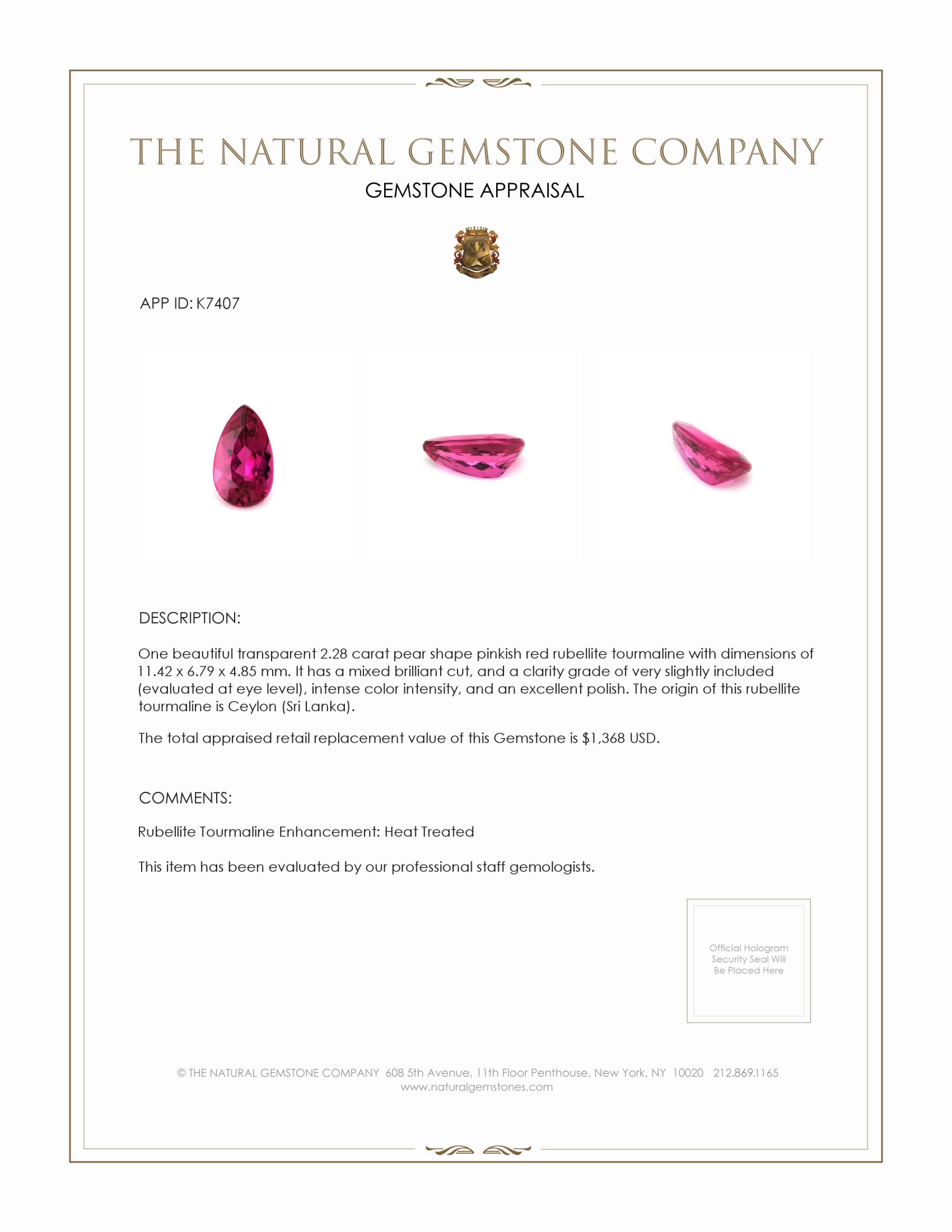 2.28 Ct. Rubellite Tourmaline from Ceylon (Sri Lanka)