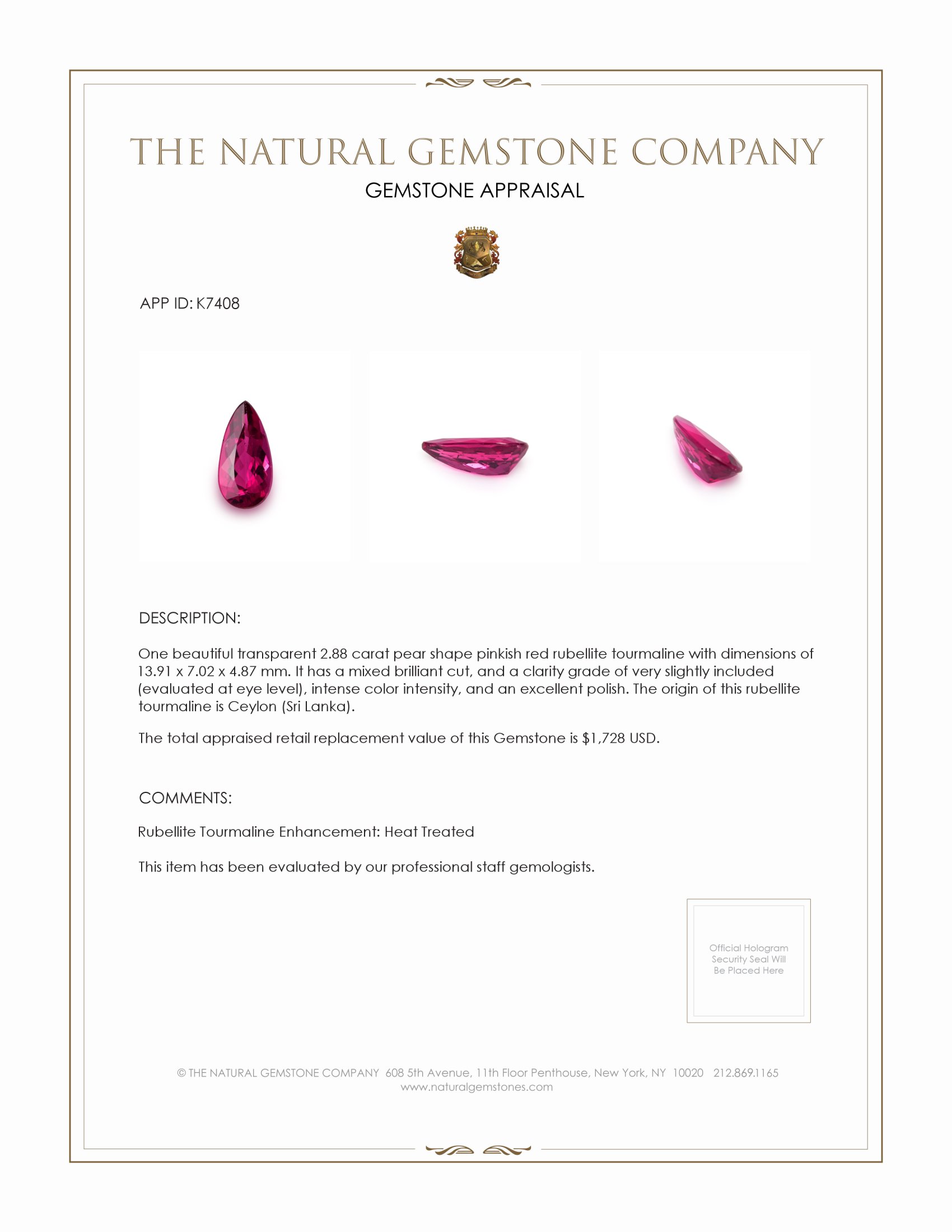 2.88 Ct. Rubellite Tourmaline from Ceylon (Sri Lanka)