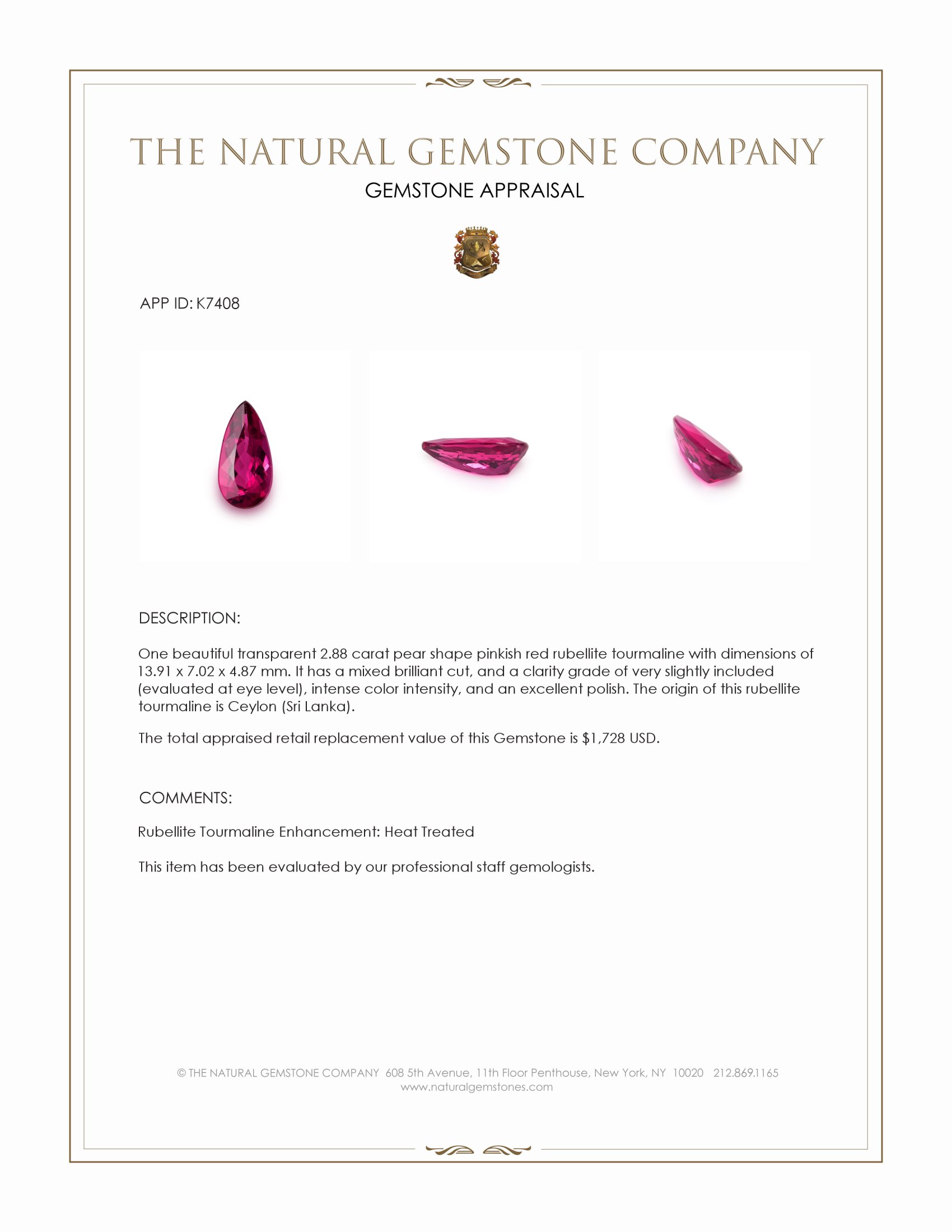 2.88 Ct. Pinkish Red Rubellite Tourmaline from Ceylon (Sri Lanka)