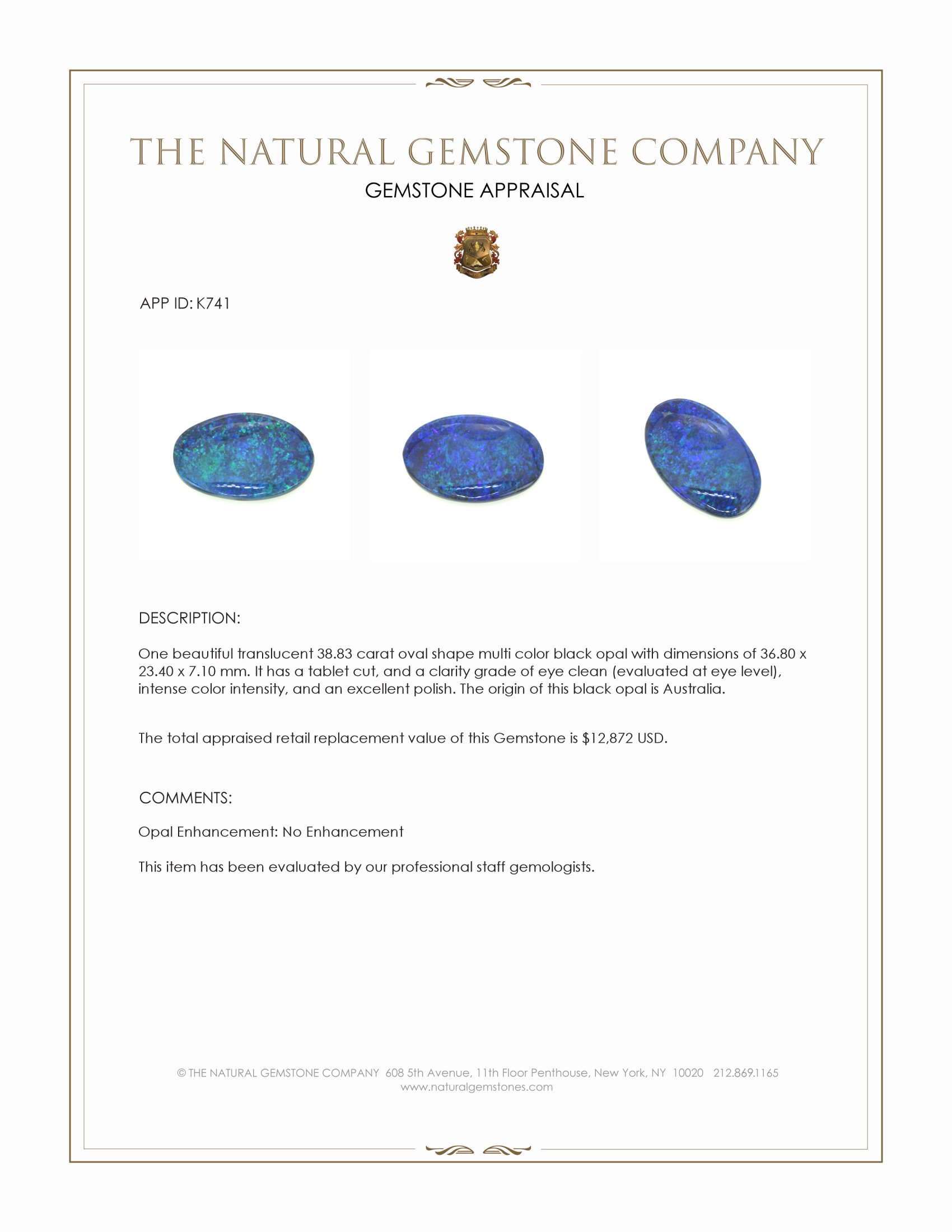 38.83 Ct. Multi Color Black Opal (Dark Opal) from Australia