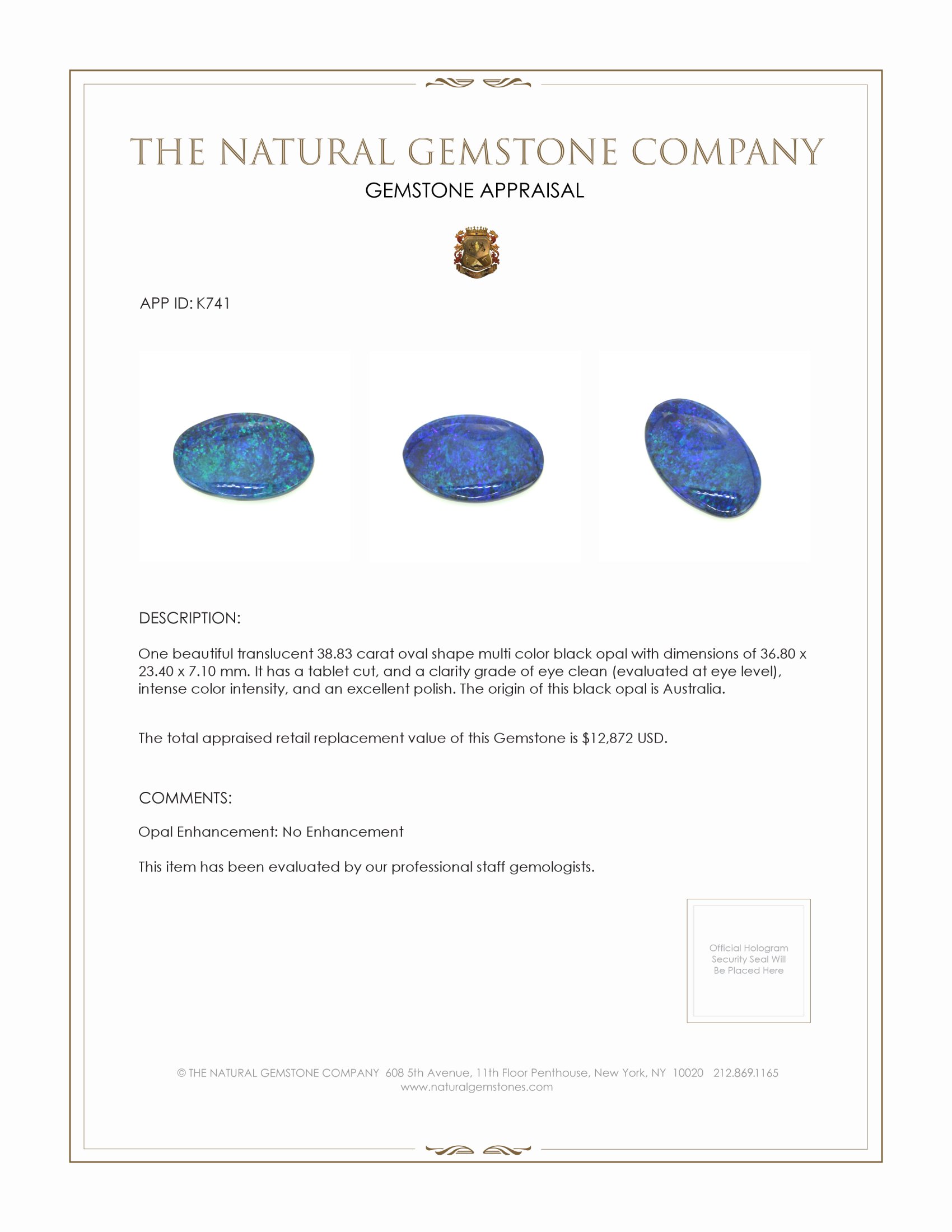 38.83 Ct. Black Opal from Australia