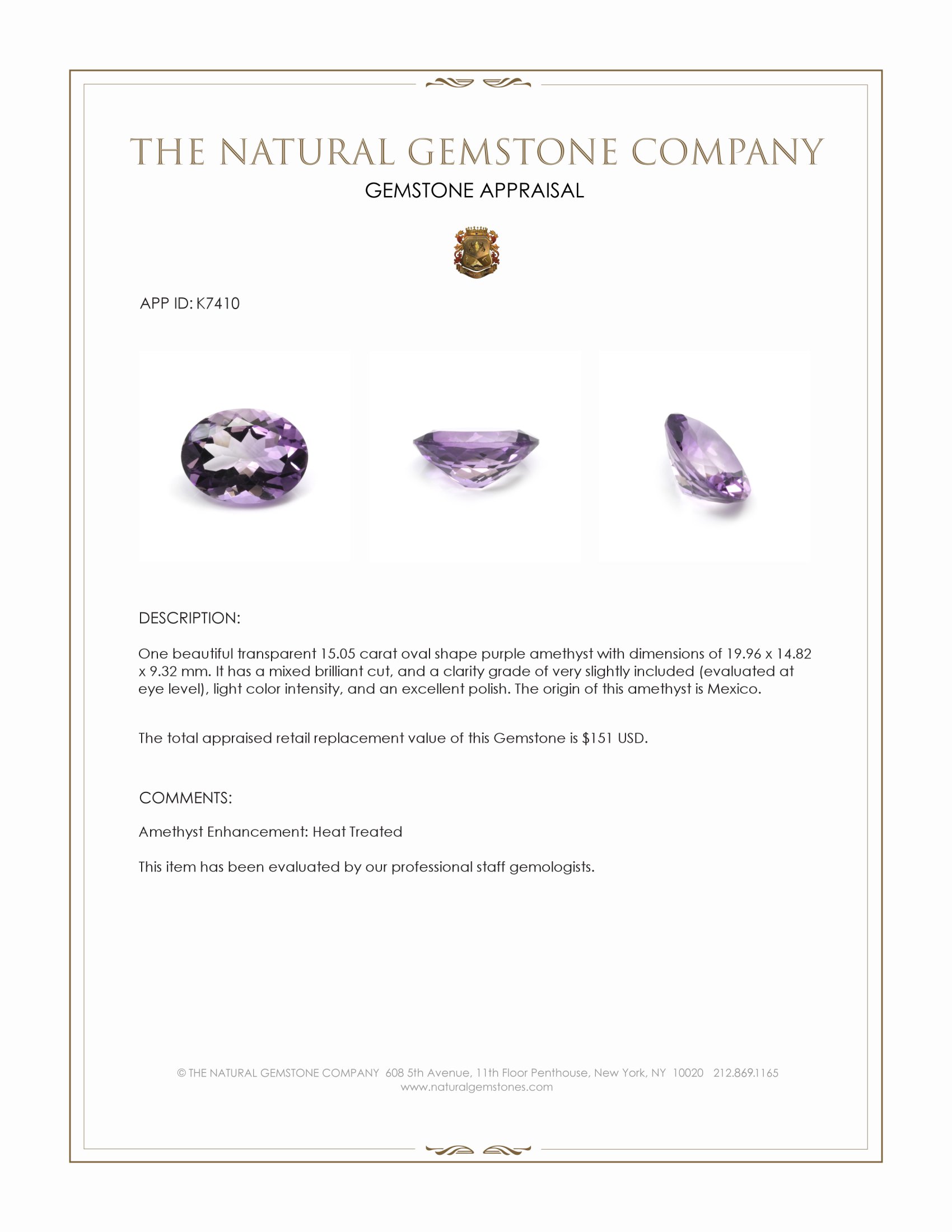15.05 Ct. Purple Amethyst from Mexico