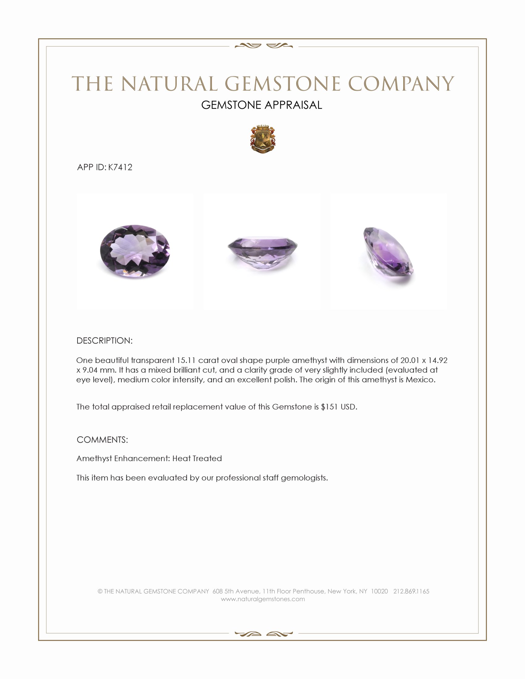 15.11 Ct. Purple Amethyst from Mexico