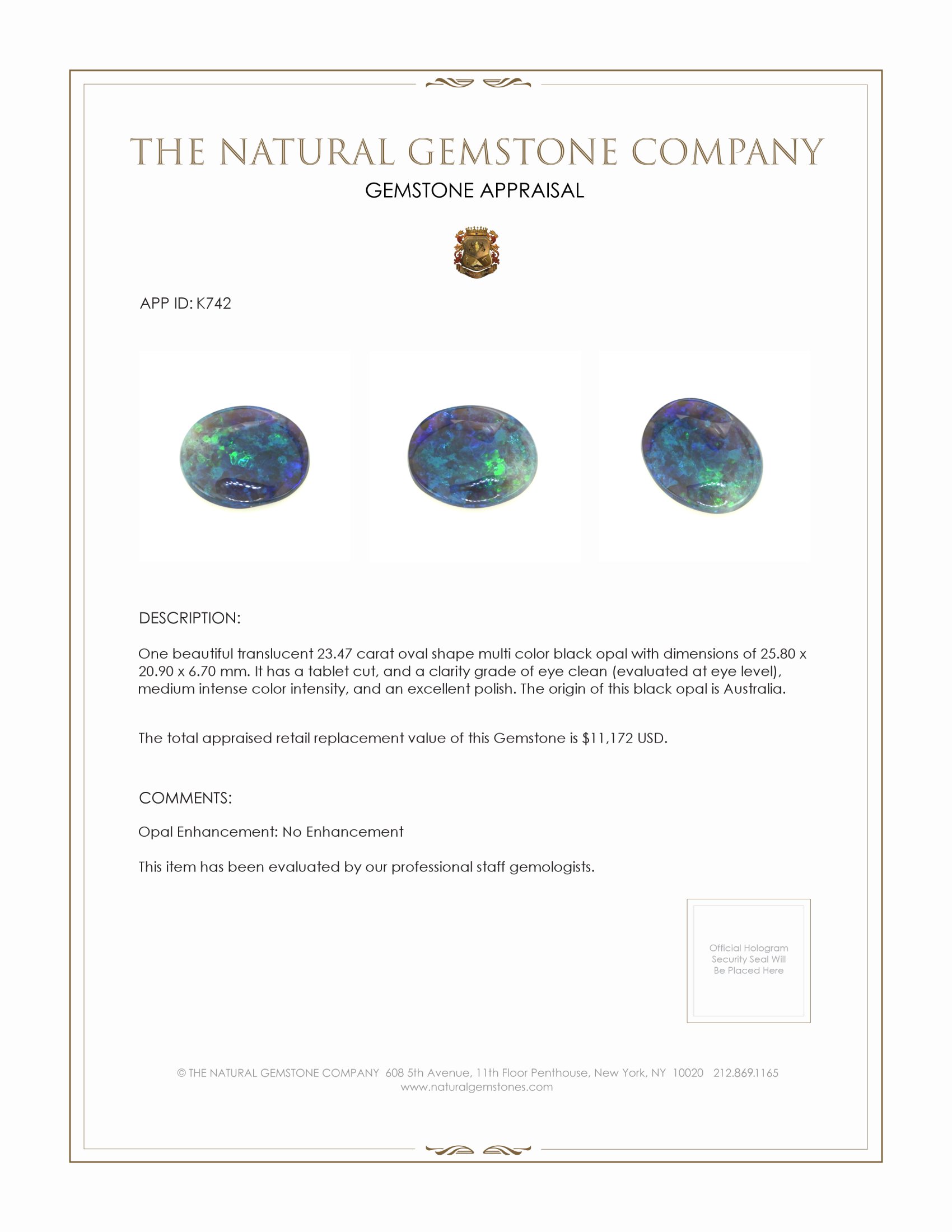 23.47 Ct. Black Opal from Australia
