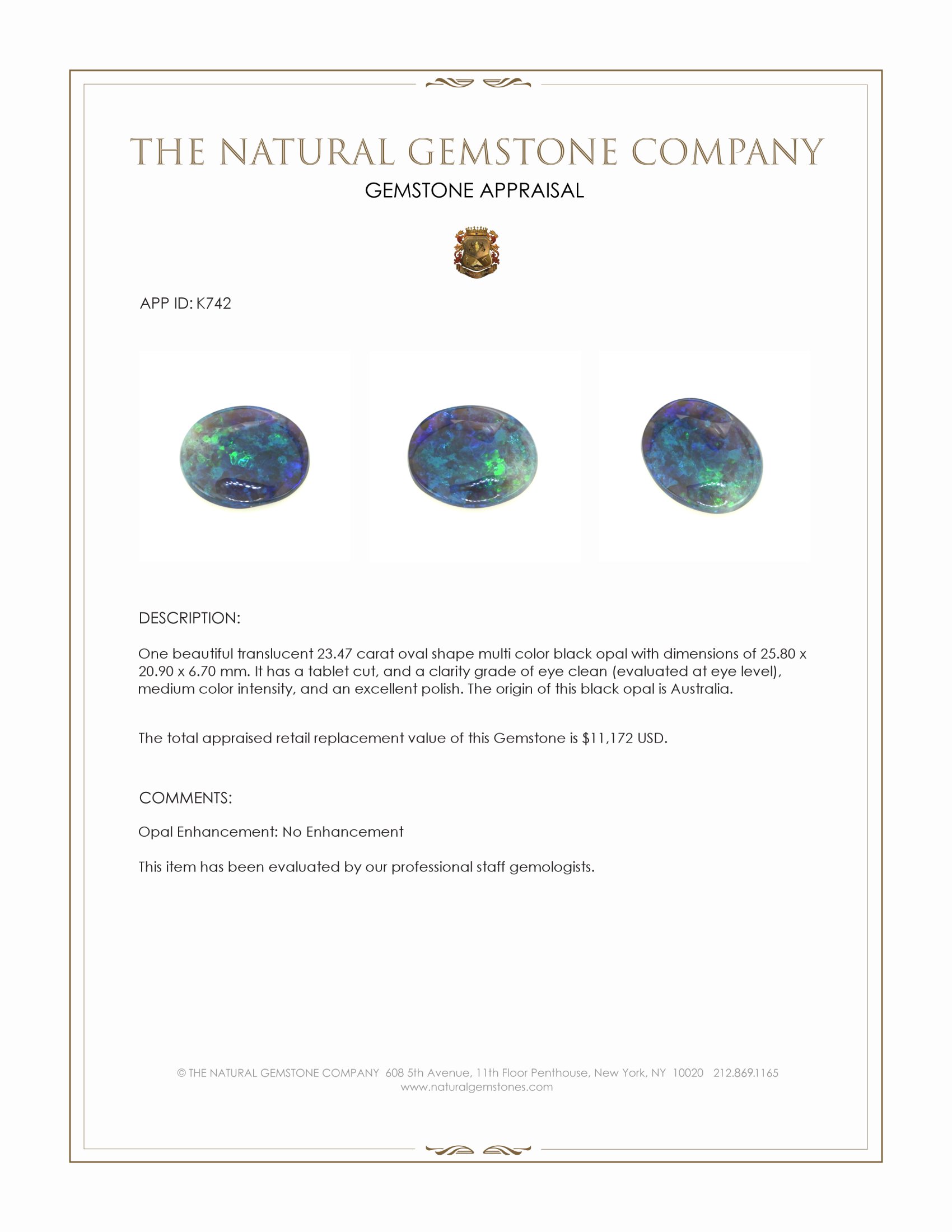 23.47 Ct. Black Opal from Australia