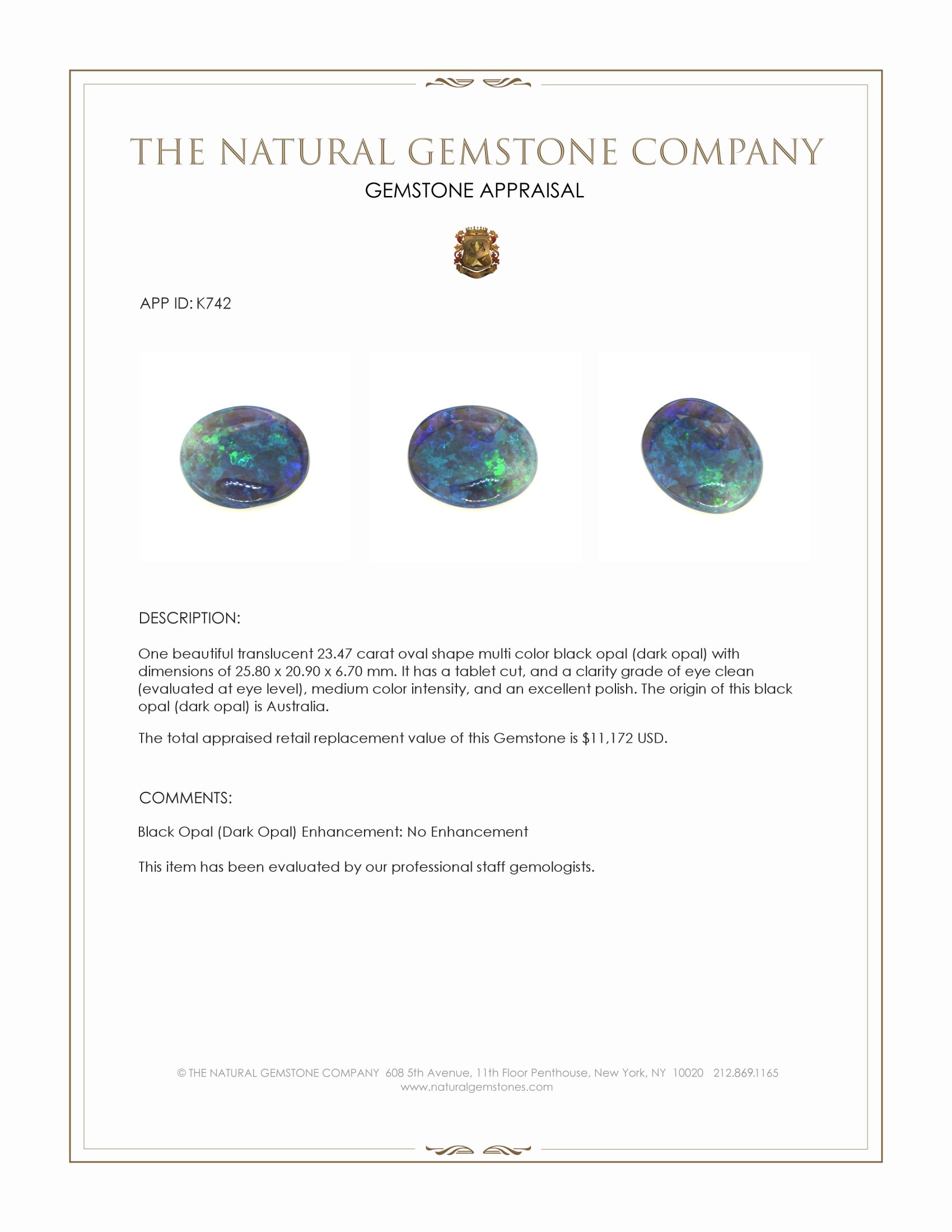 23.47 Ct. Multi Color Black Opal (Dark Opal) from Australia