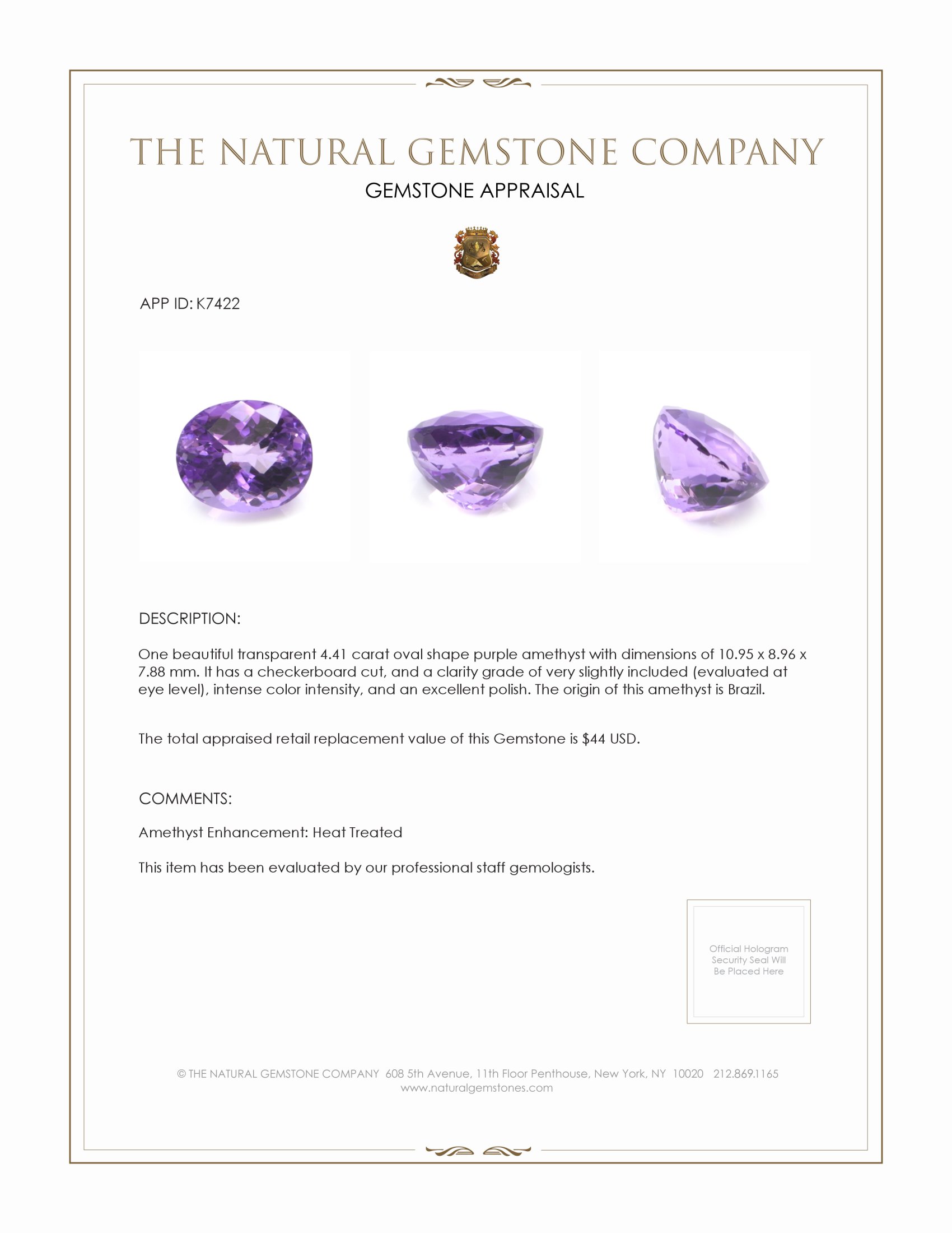 4.41 Ct. Amethyst from Brazil