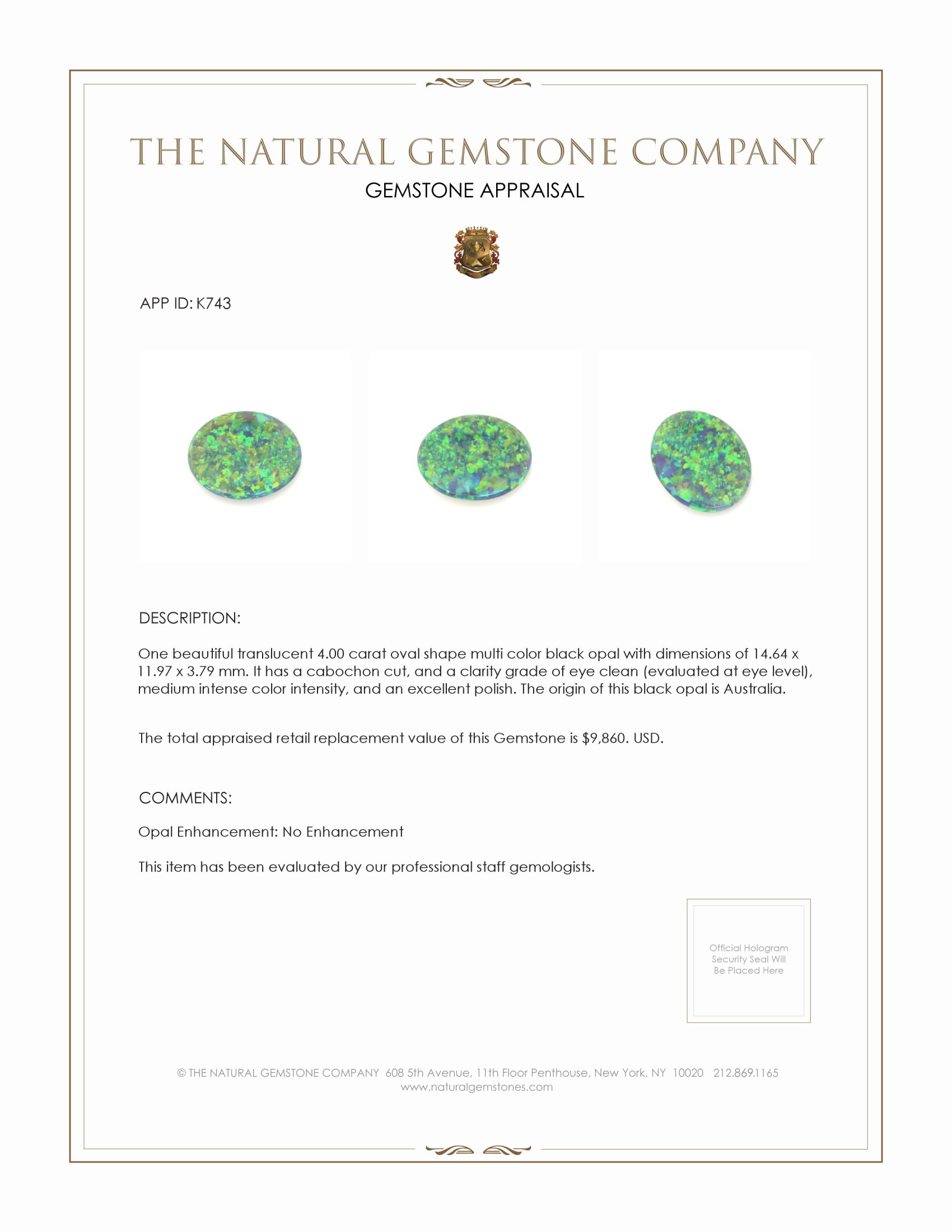 4.00 Ct. Cabochon Black Opal from Australia