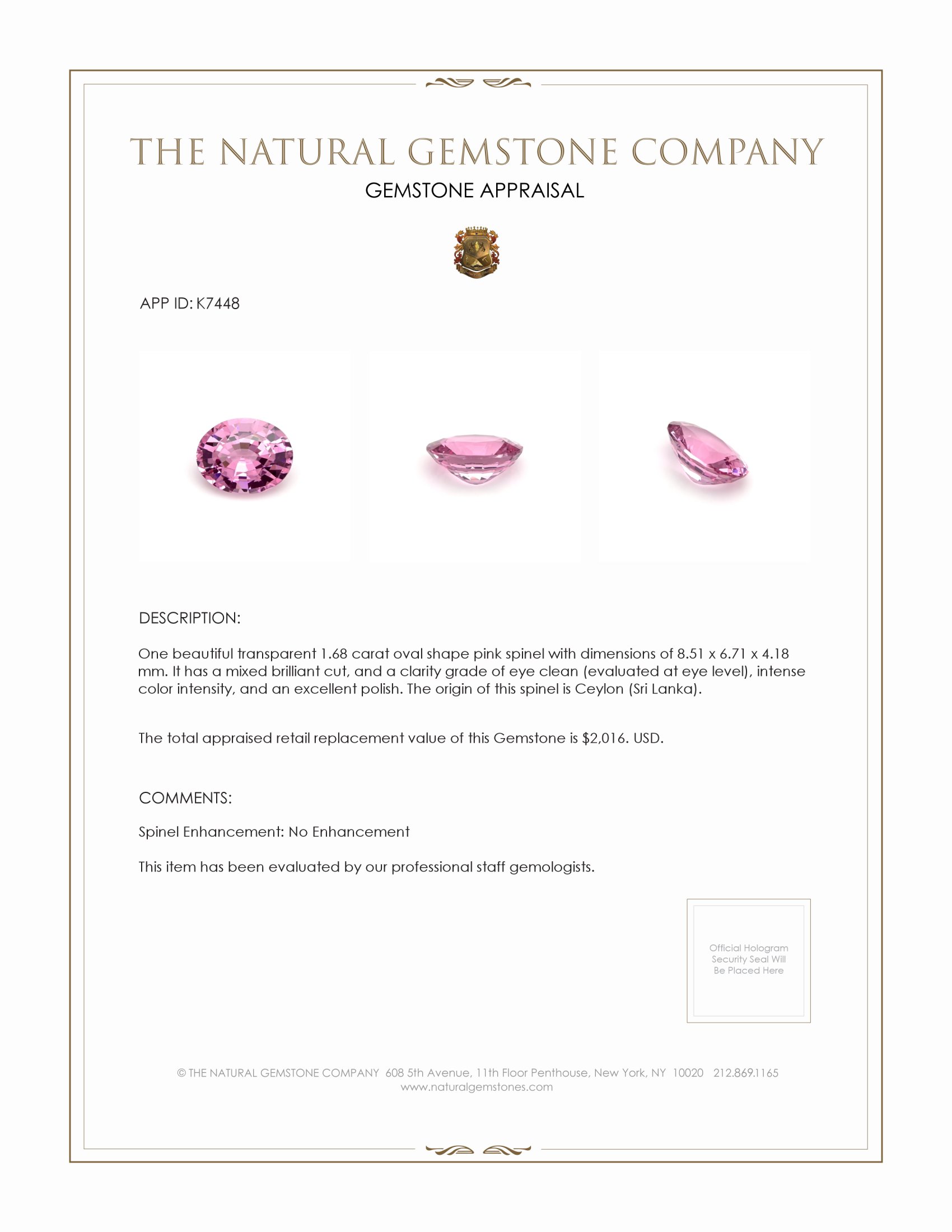 1.68 Ct. Spinel from Ceylon (Sri Lanka)