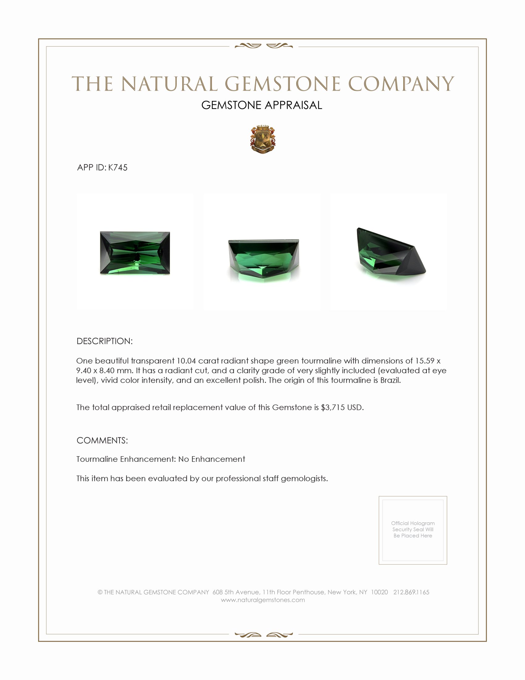 10.04 Ct. Tourmaline from Brazil