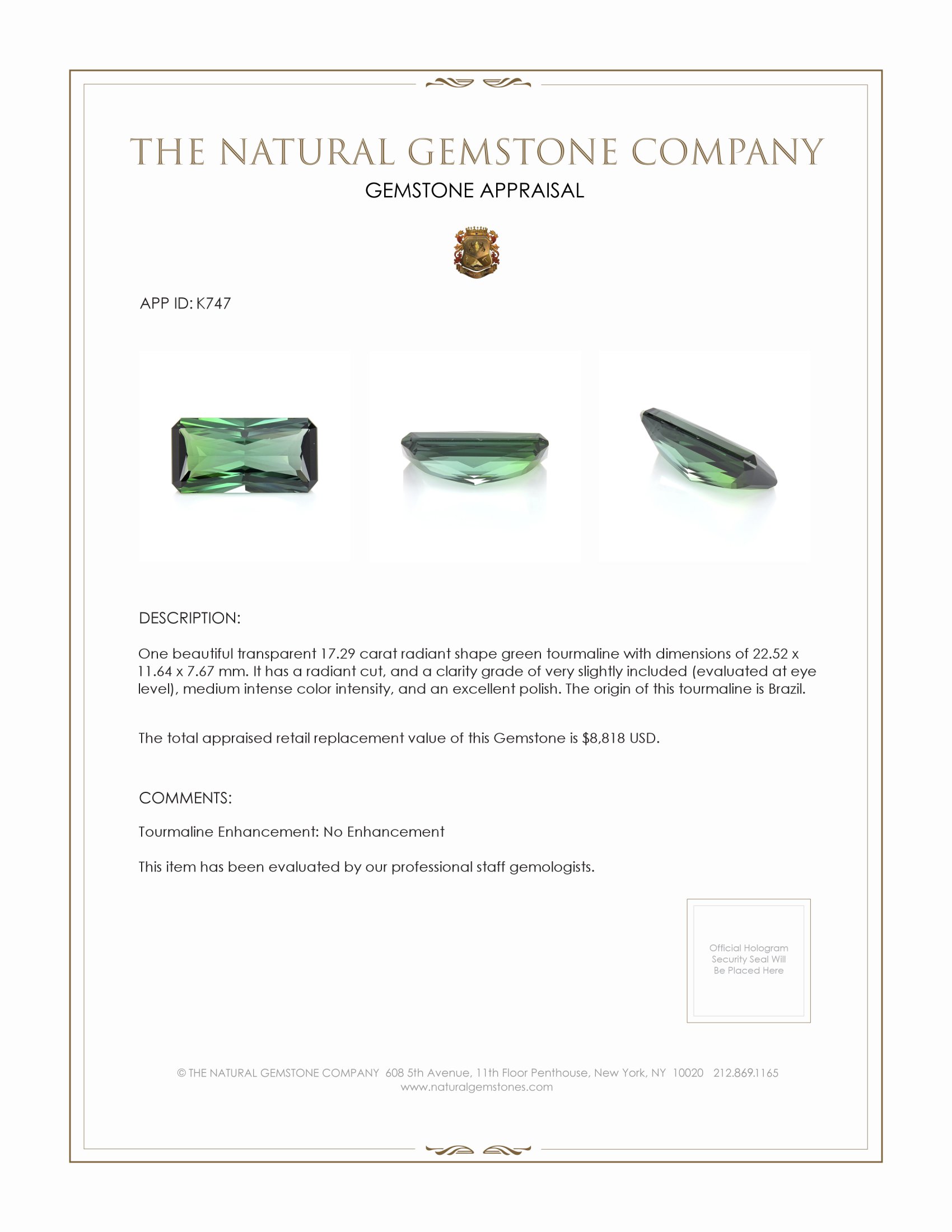 17.29 Ct. Tourmaline from Brazil