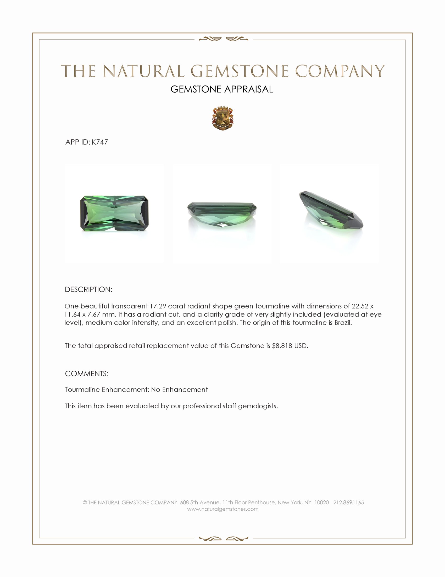17.29 Ct. Green Tourmaline from Brazil