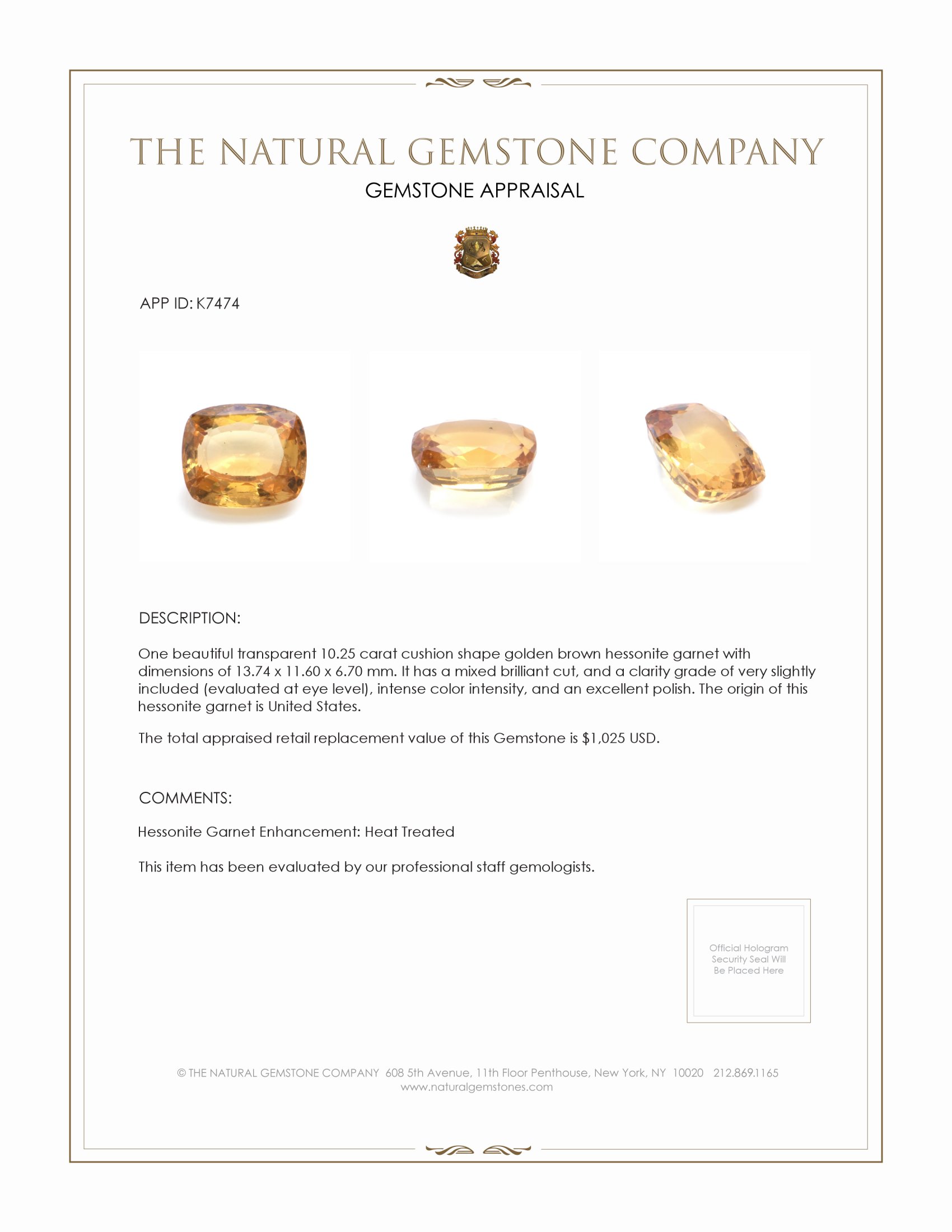 10.25 Ct. Hessonite Garnet from United States