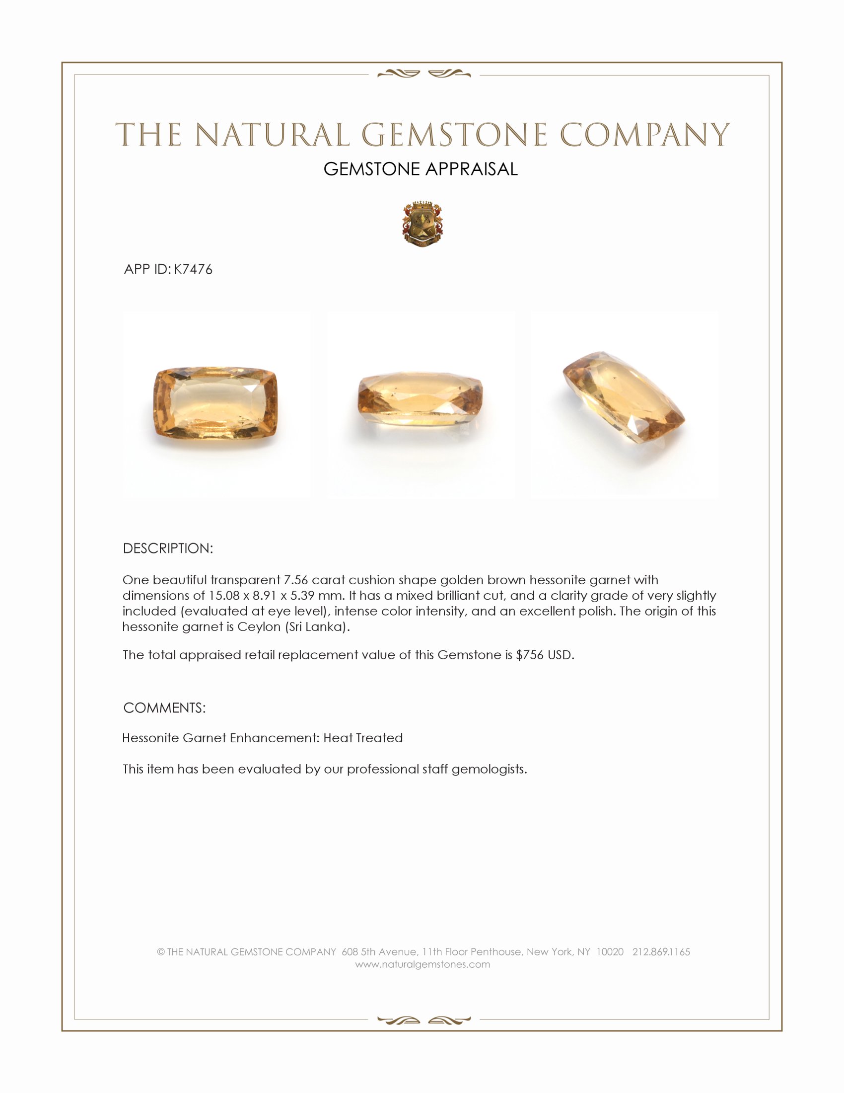 7.56 Ct. Golden Brown Hessonite Garnet from Ceylon (Sri Lanka)