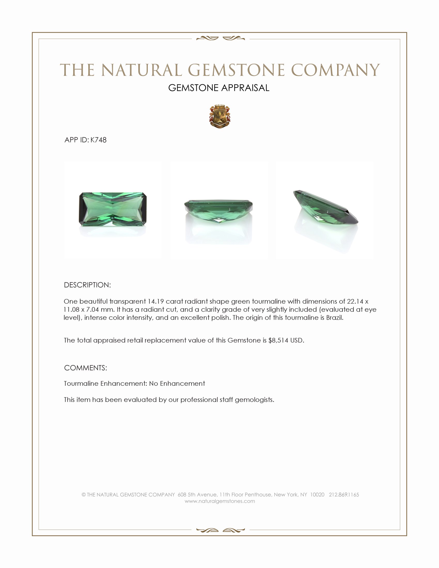 14.19 Ct. Green Tourmaline from Brazil