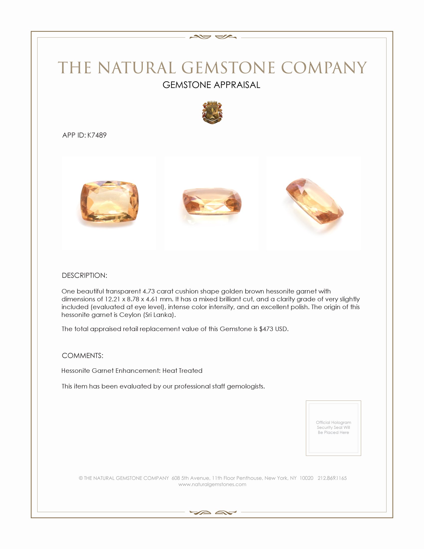 4.73 Ct. Hessonite Garnet from Ceylon (Sri Lanka)