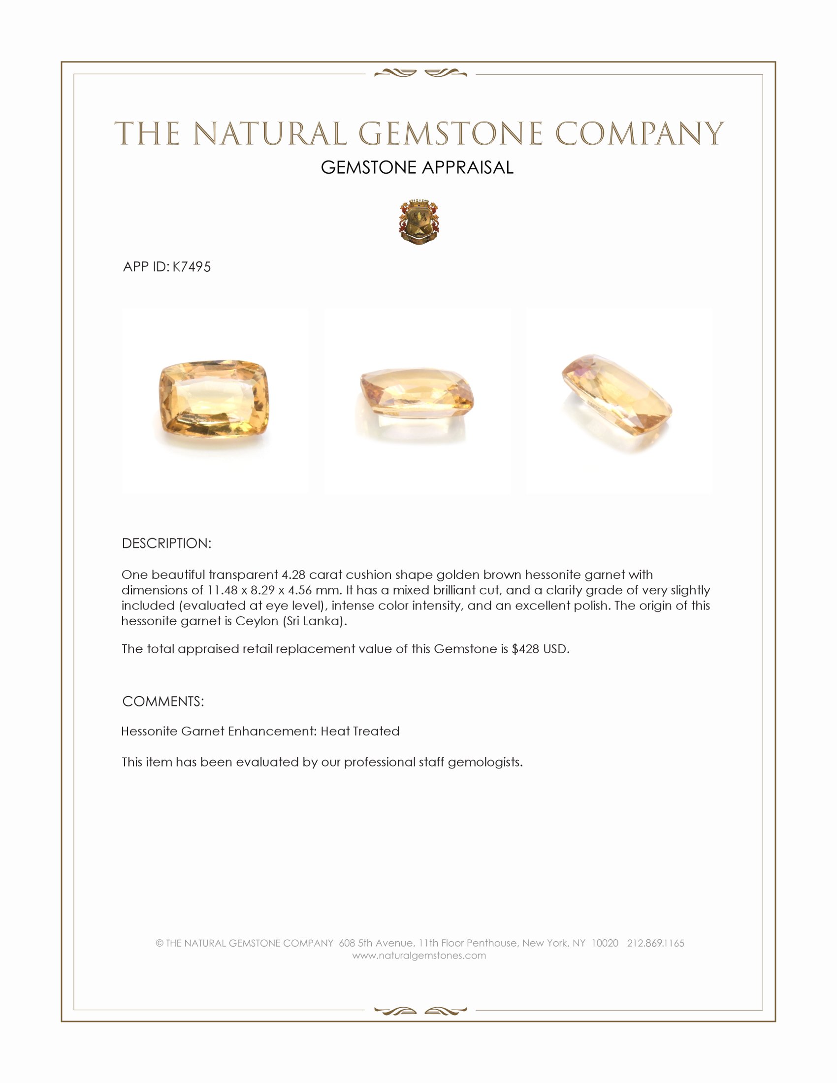 4.28 Ct. Hessonite Garnet from Ceylon (Sri Lanka)