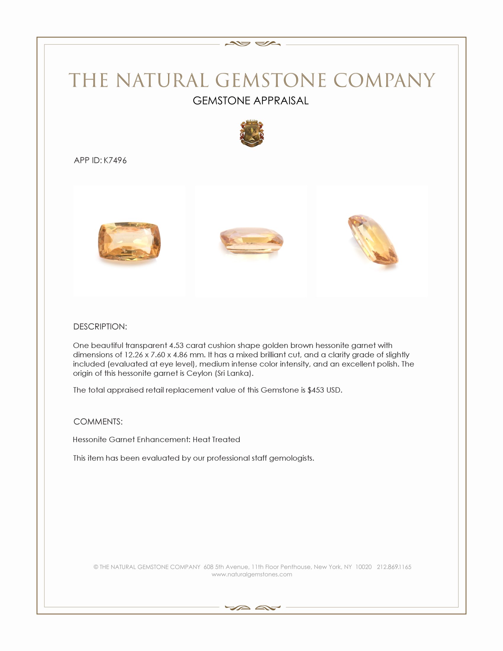 4.53 Ct. Hessonite Garnet from Ceylon (Sri Lanka)