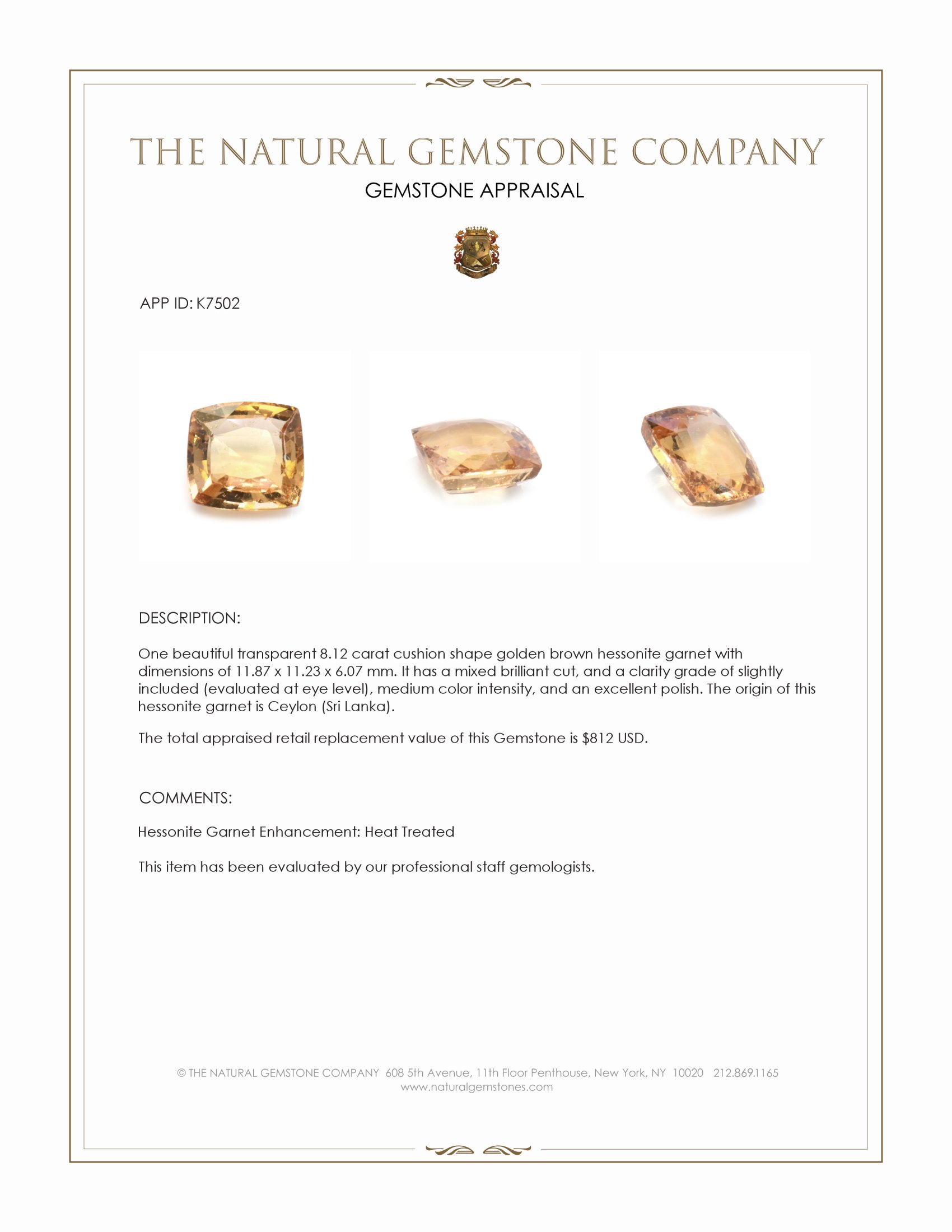 8.12 Ct. Hessonite Garnet from Ceylon (Sri Lanka)