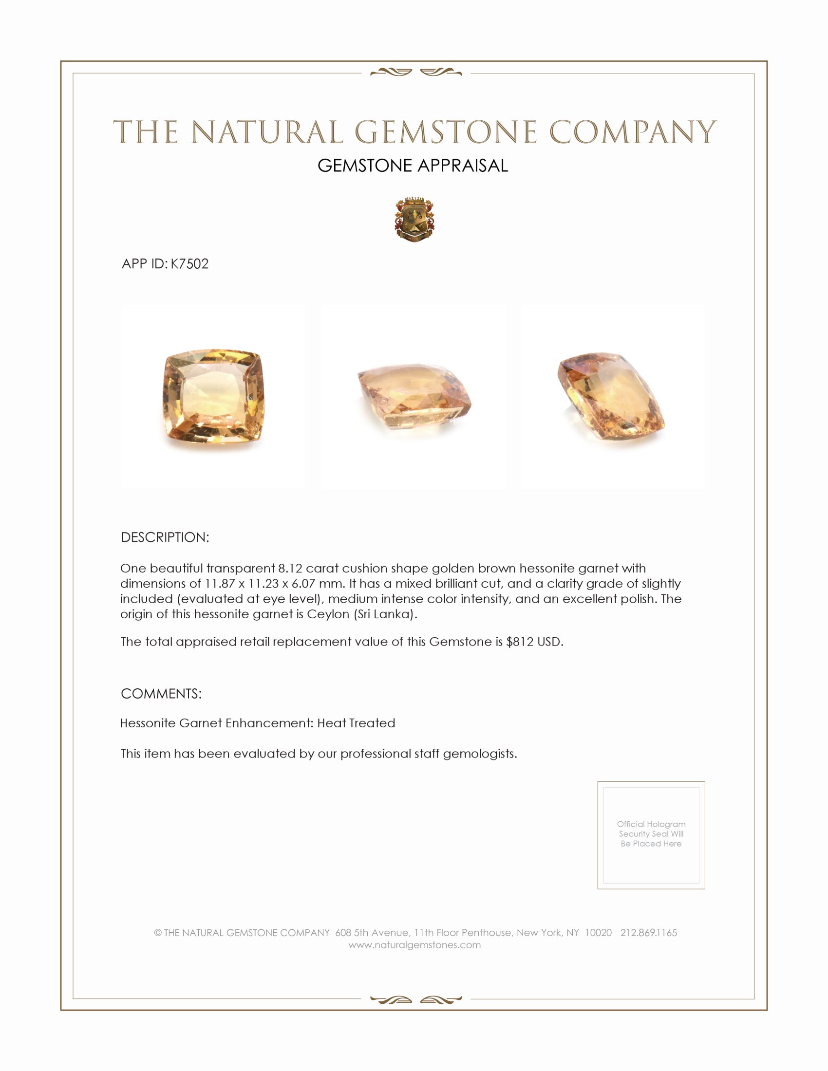 8.12 Ct. Hessonite Garnet from Ceylon (Sri Lanka)