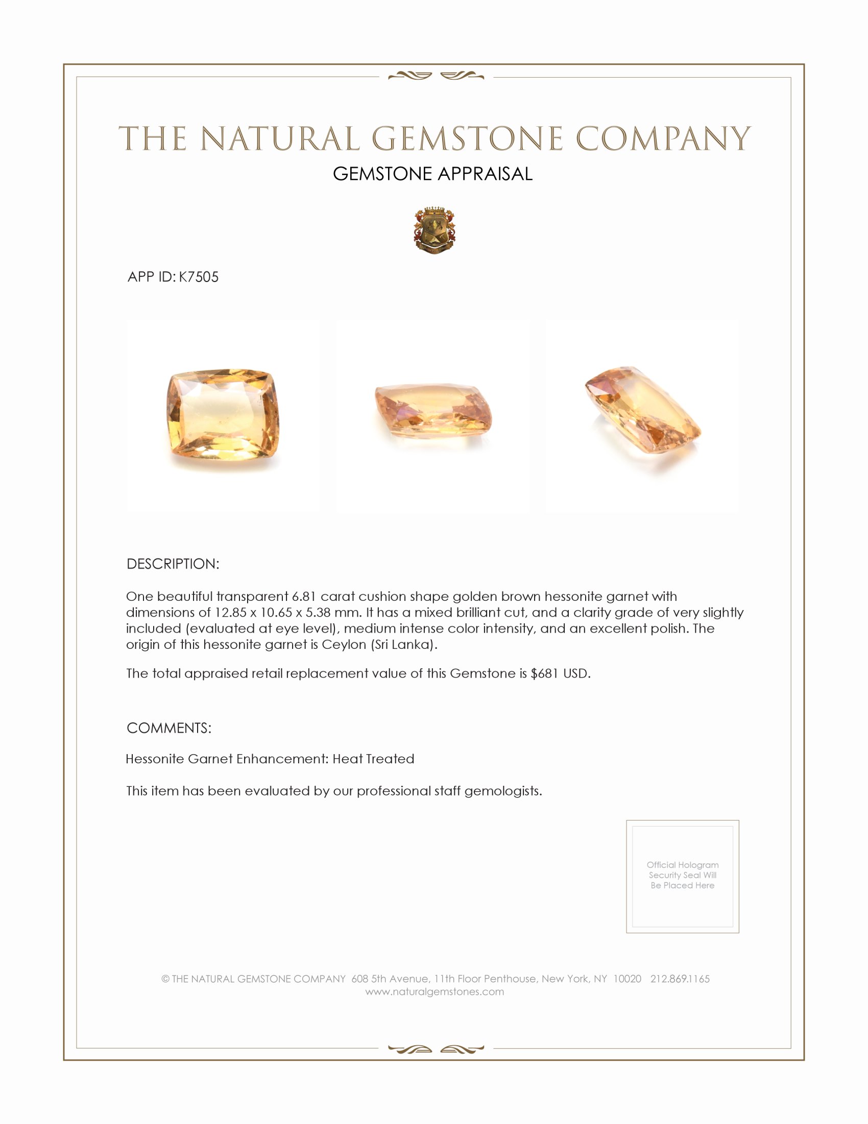 6.81 Ct. Hessonite Garnet from Ceylon (Sri Lanka)