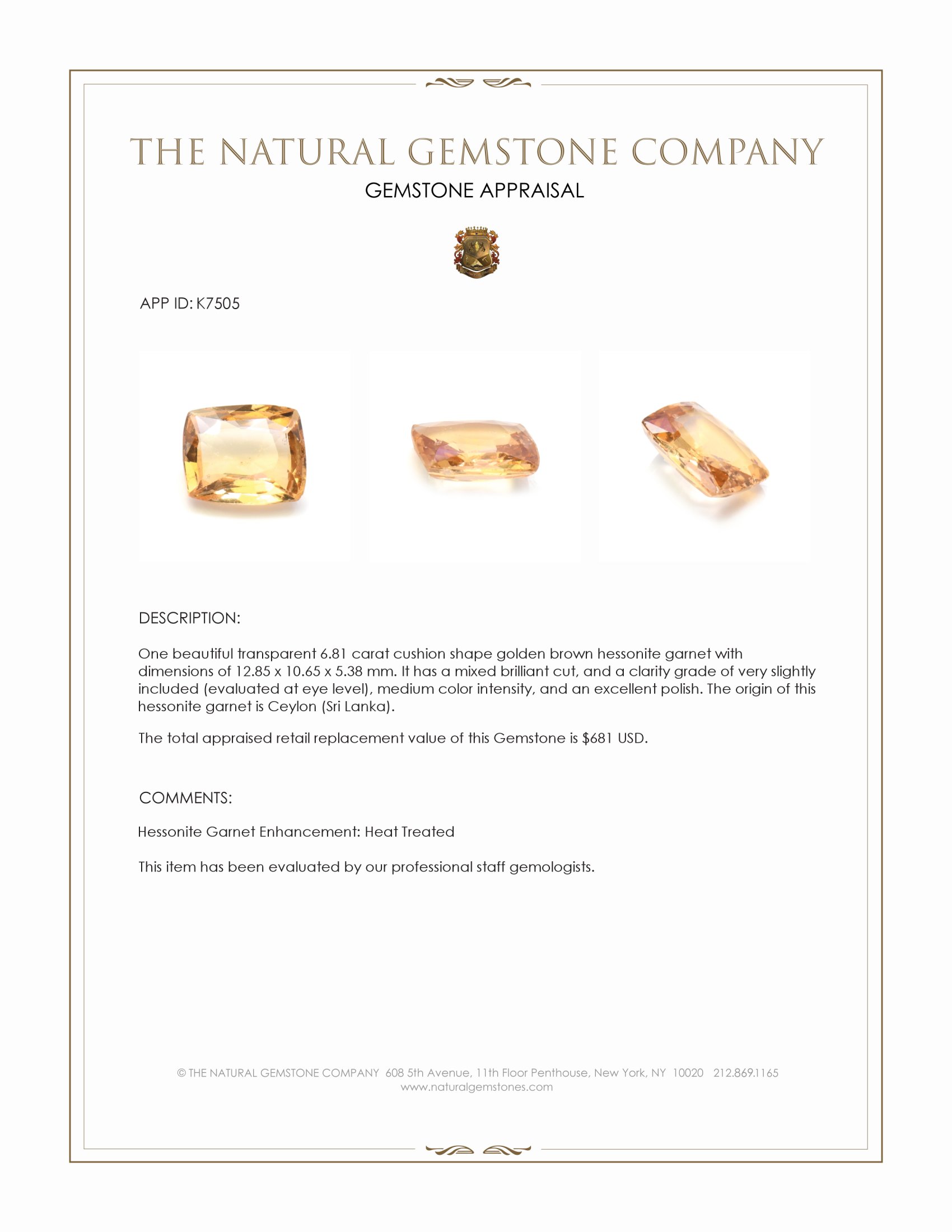 6.81 Ct. Golden Brown Hessonite Garnet from Ceylon (Sri Lanka)