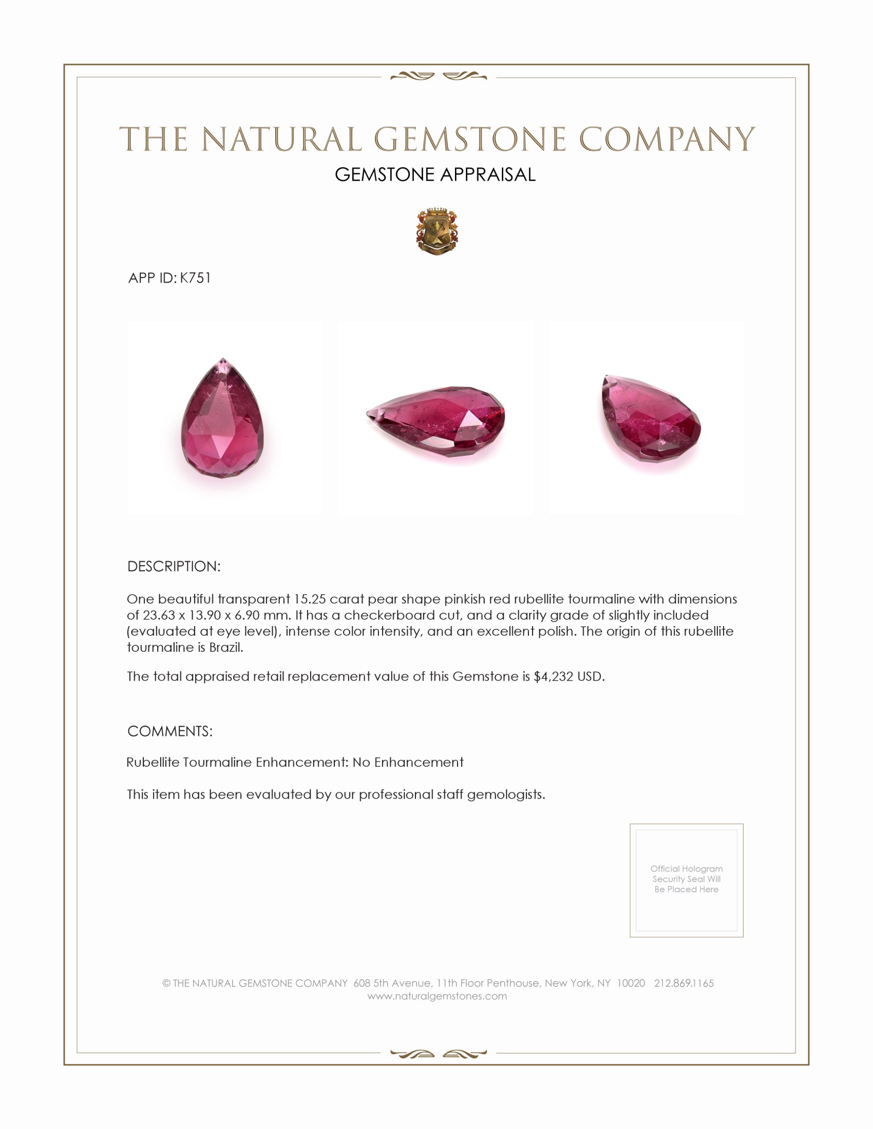 15.25 Ct. Rubellite Tourmaline from Brazil