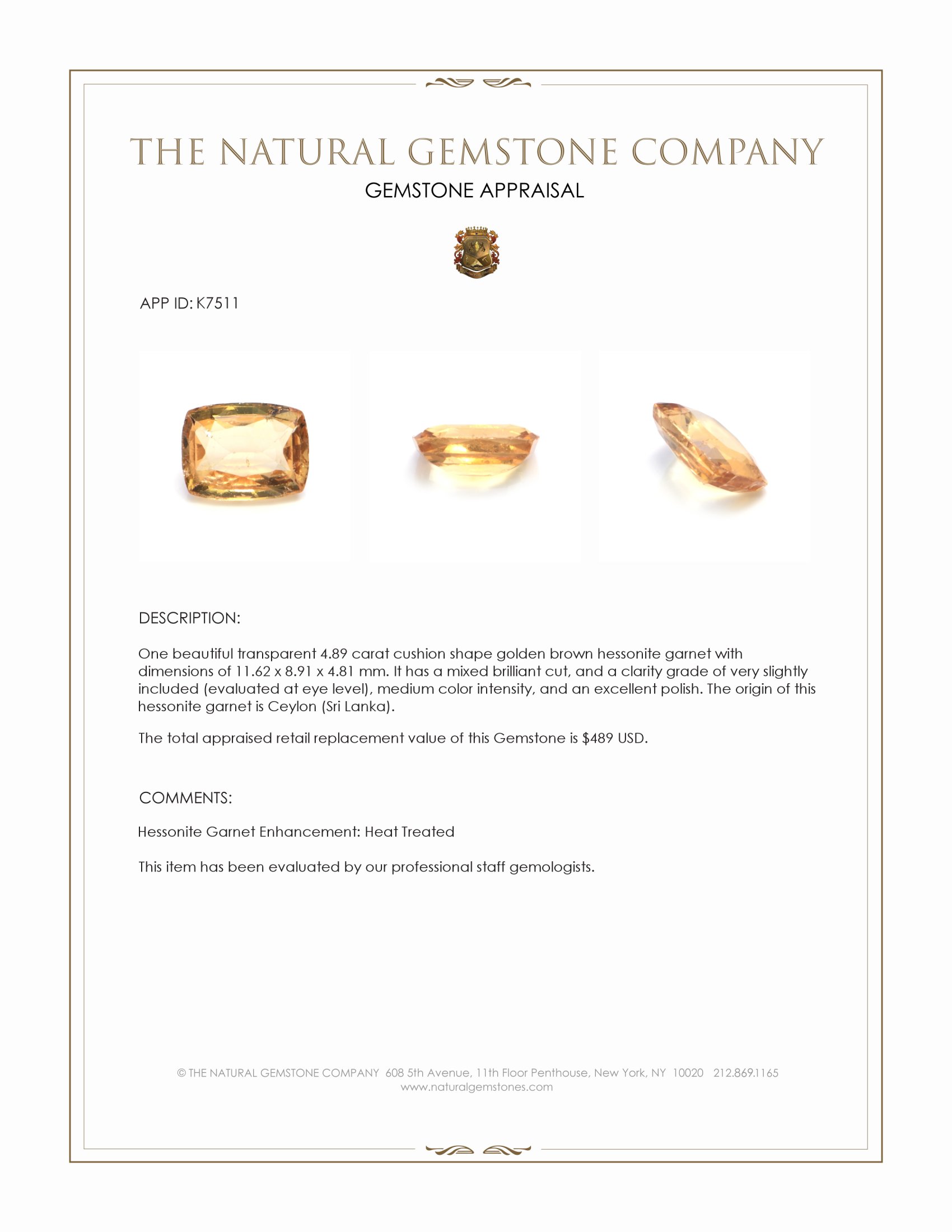 4.89 Ct. Hessonite Garnet from Ceylon (Sri Lanka)