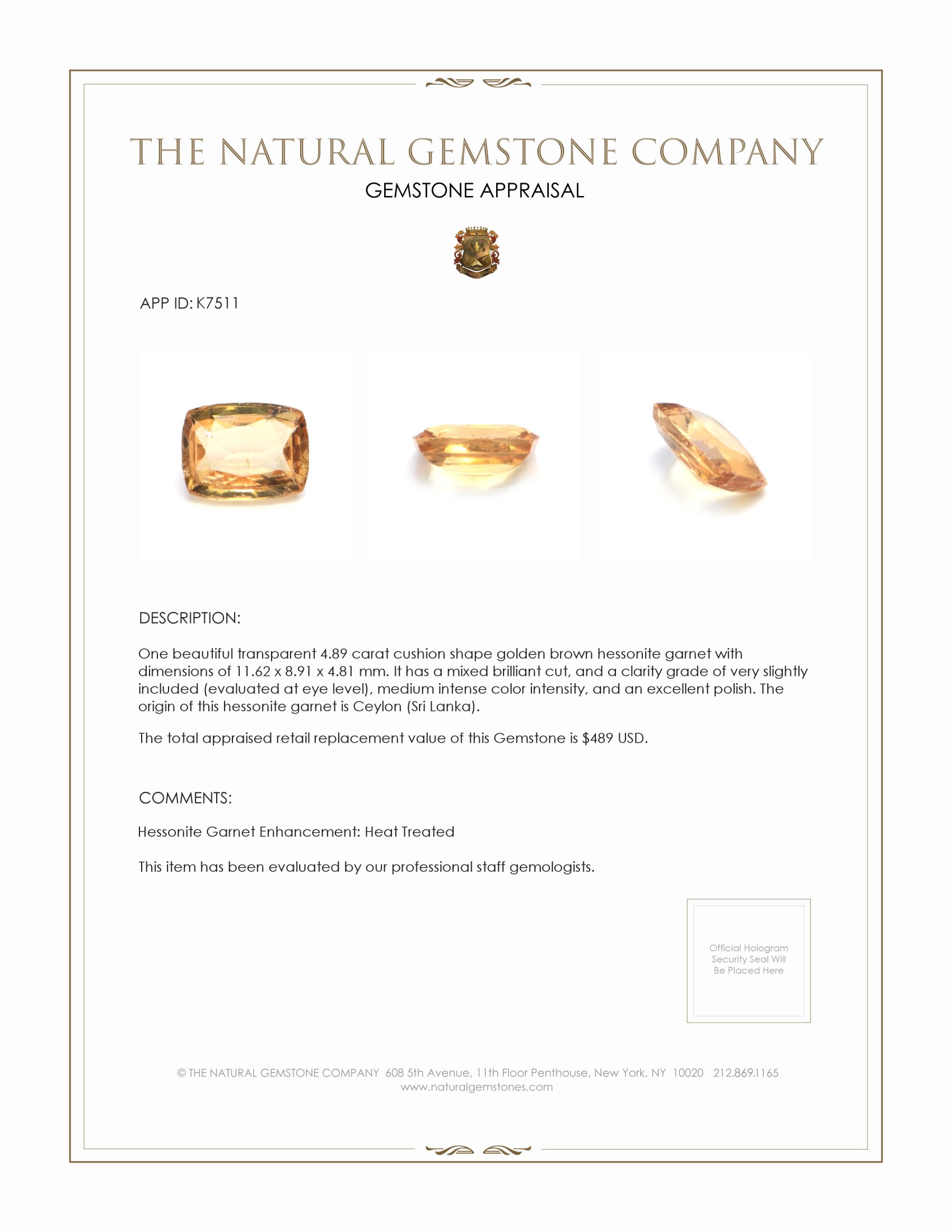 4.89 Ct. Hessonite Garnet from Ceylon (Sri Lanka)