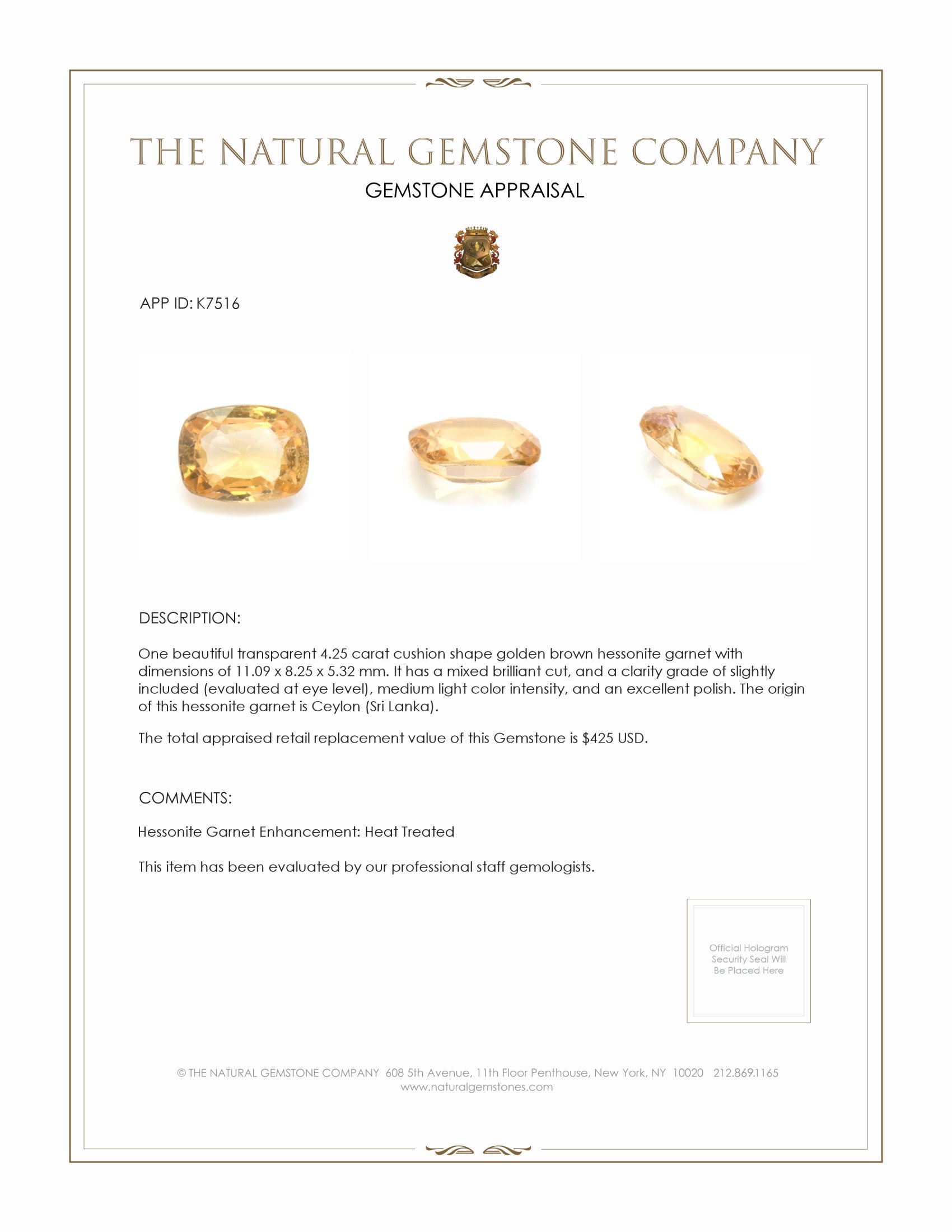 4.25 Ct. Golden Brown Hessonite Garnet from Ceylon (Sri Lanka)