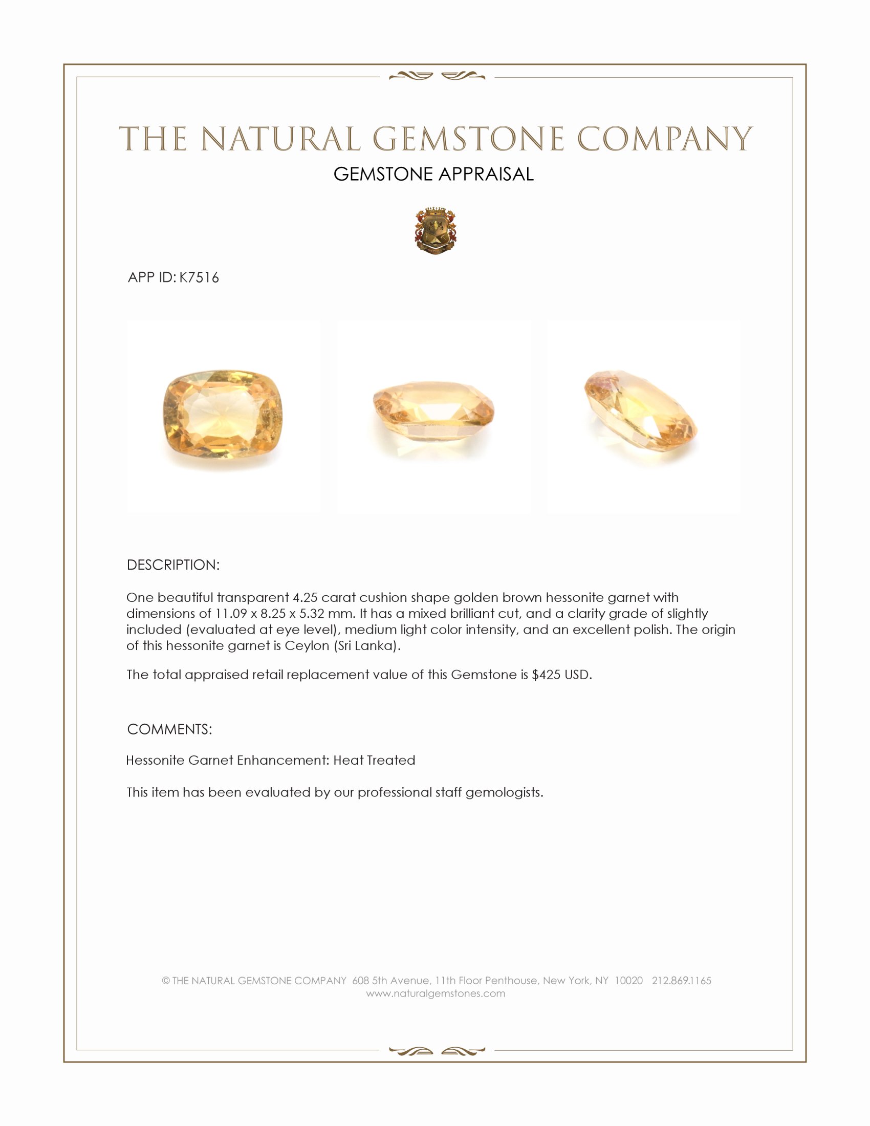 4.25 Ct. Hessonite Garnet from Ceylon (Sri Lanka)