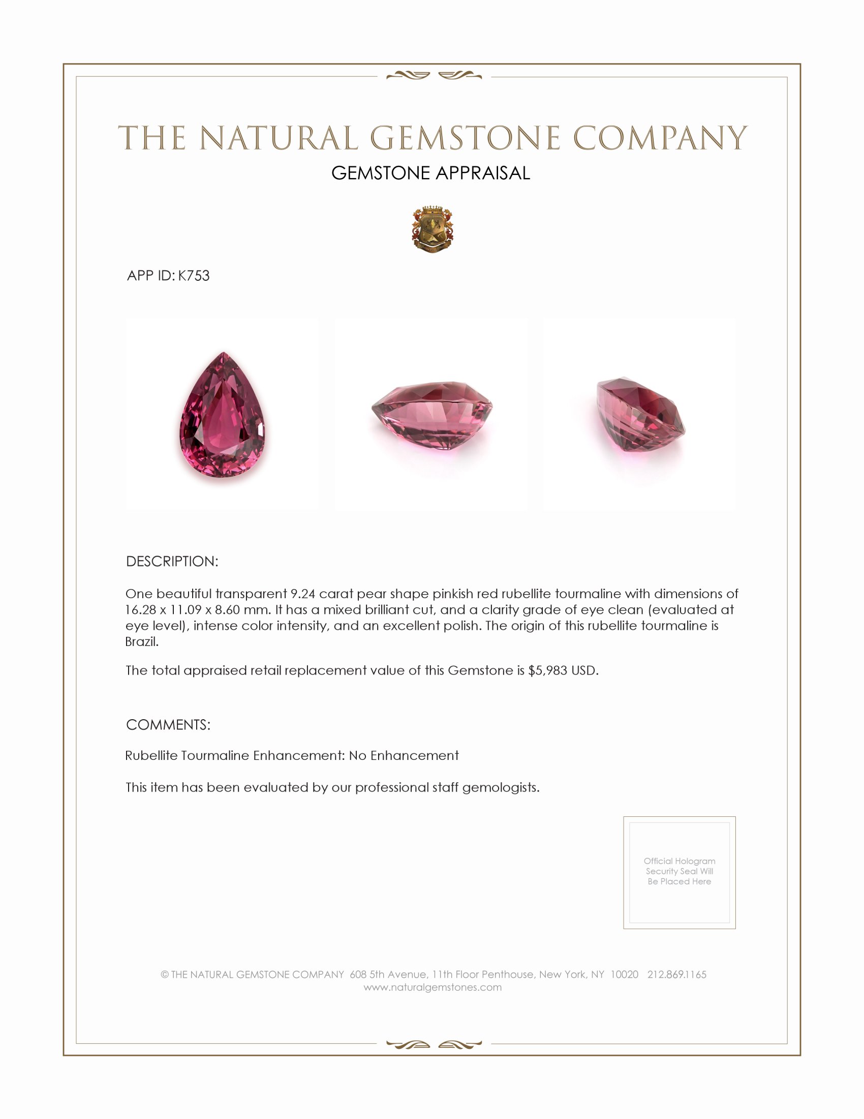 9.24 Ct. Pinkish Red Rubellite Tourmaline from Brazil