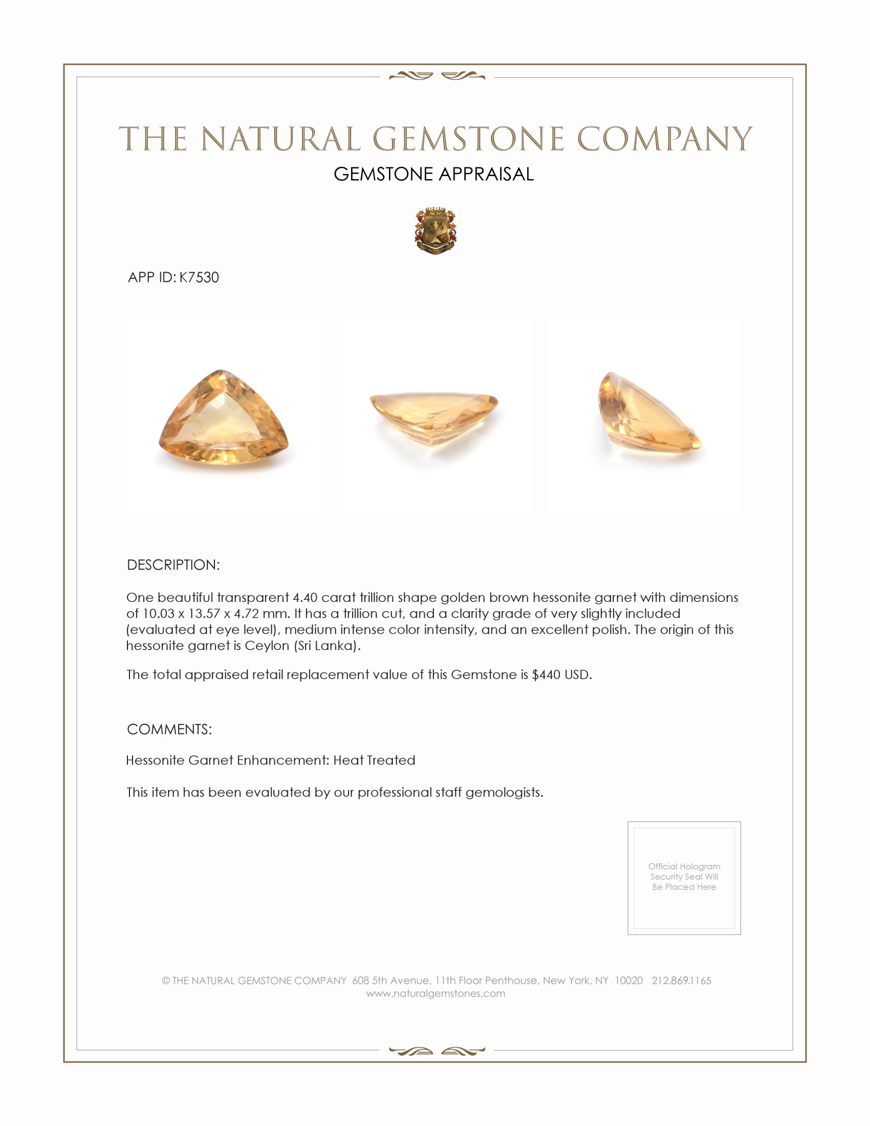 4.40 Ct. Hessonite Garnet from Ceylon (Sri Lanka)