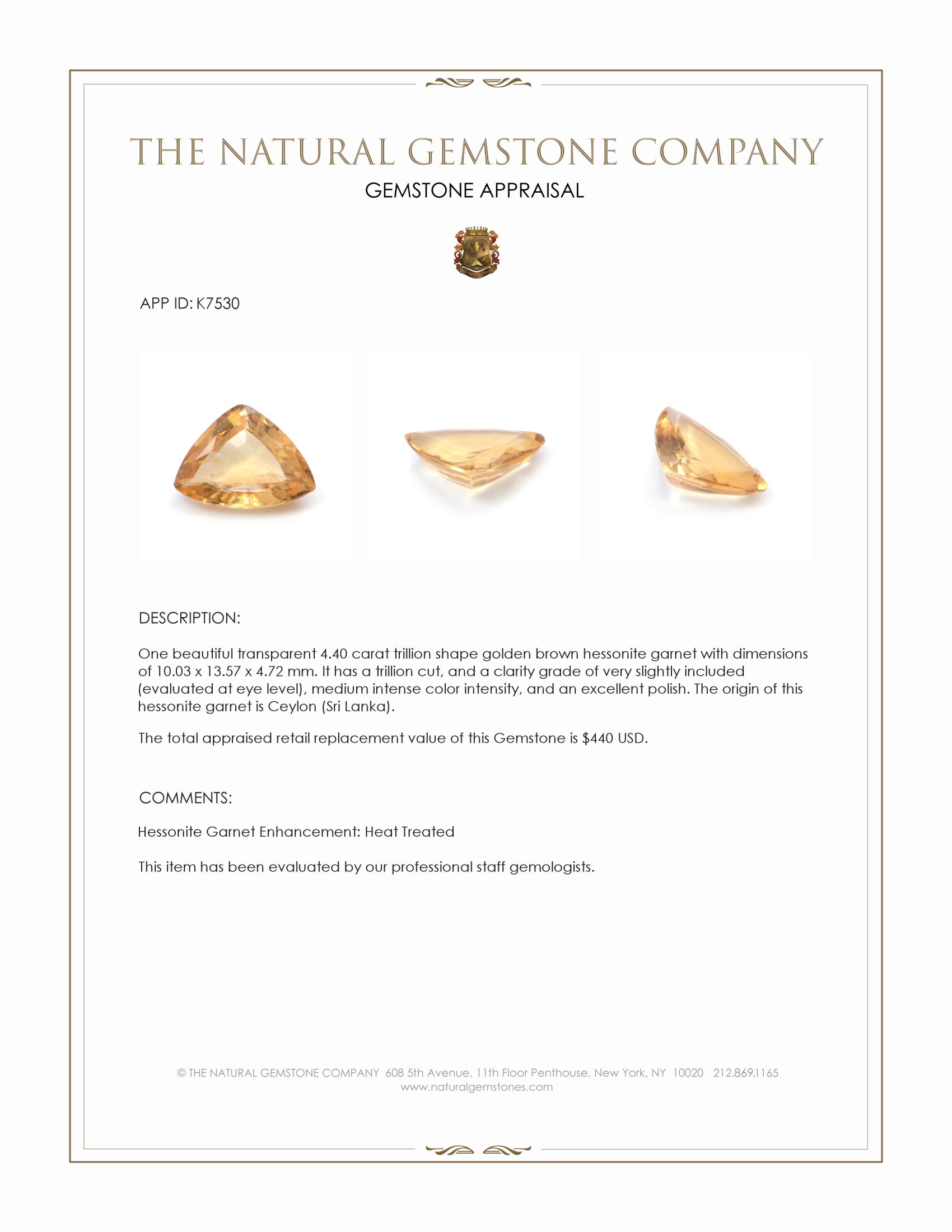 4.40 Ct. Hessonite Garnet from Ceylon (Sri Lanka)