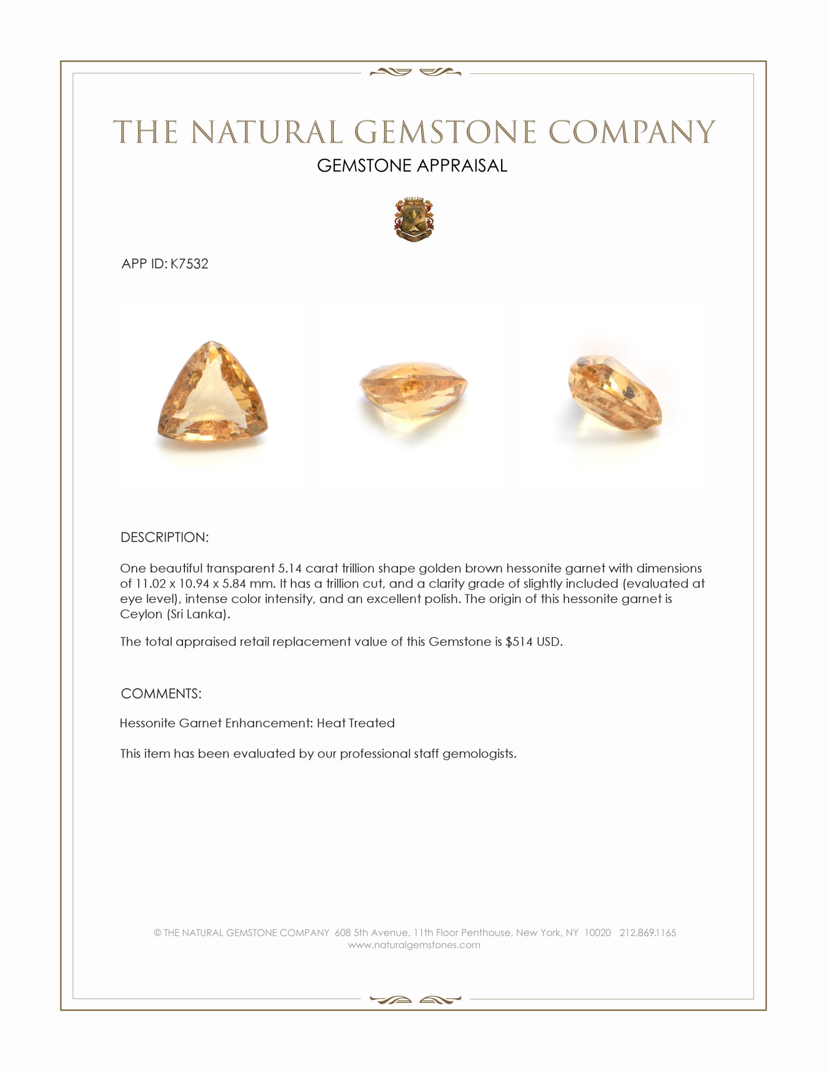 5.14 Ct. Golden Brown Hessonite Garnet from Ceylon (Sri Lanka)