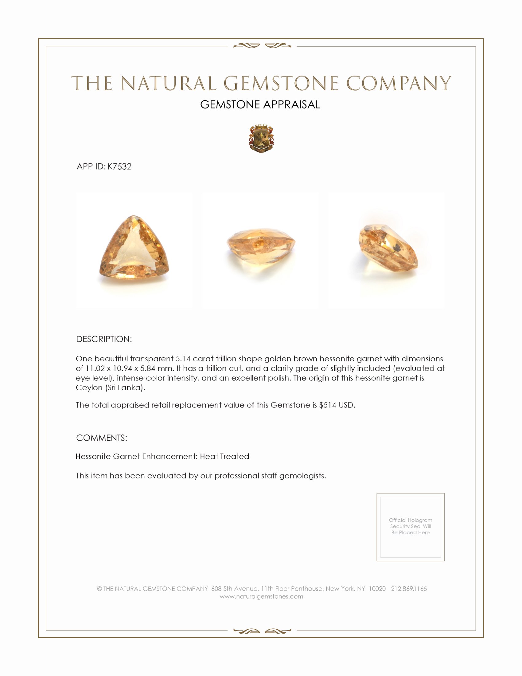 5.14 Ct. Hessonite Garnet from Ceylon (Sri Lanka)