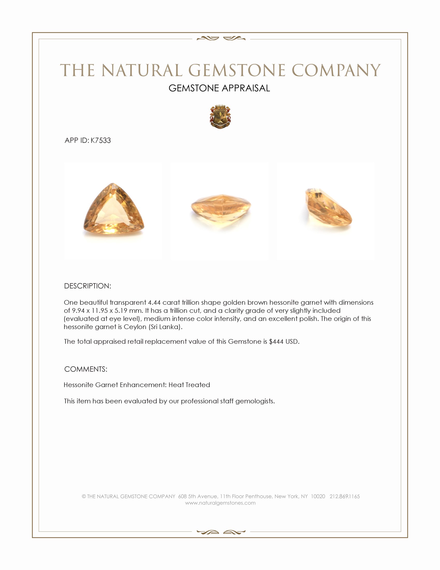 4.44 Ct. Hessonite Garnet from Ceylon (Sri Lanka)