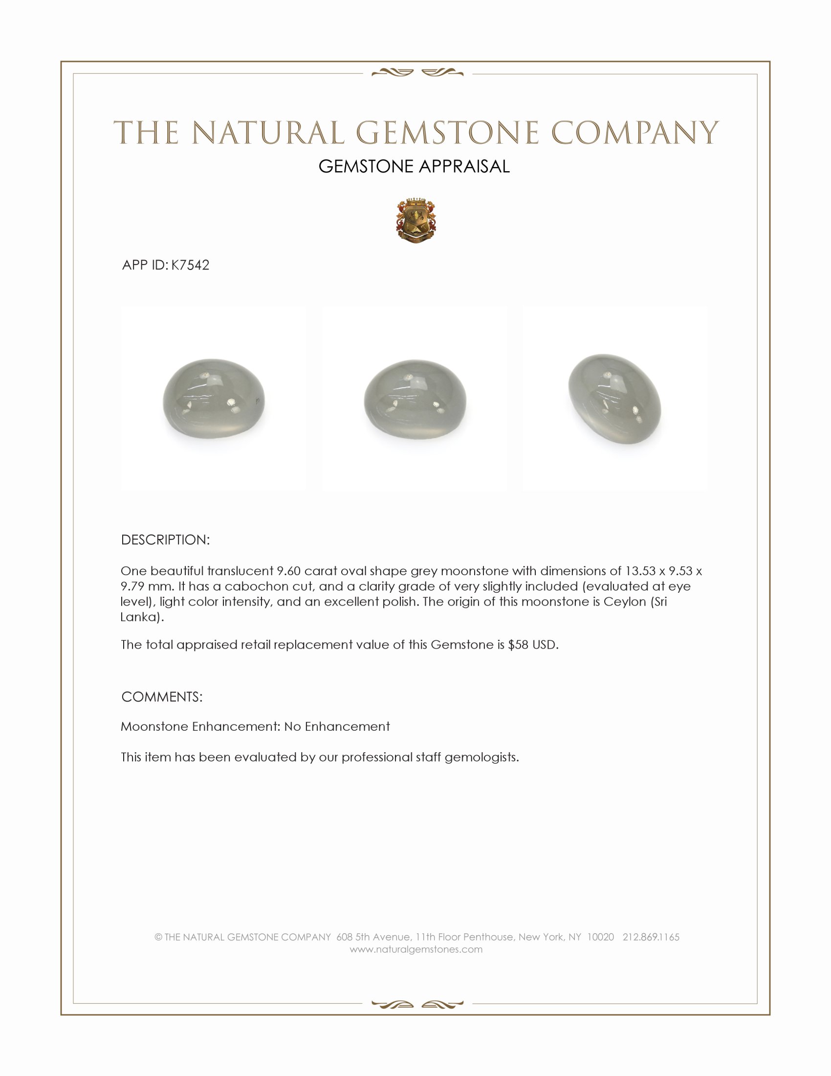 9.60 Ct. Grey Cabochon Moonstone from Ceylon (Sri Lanka)