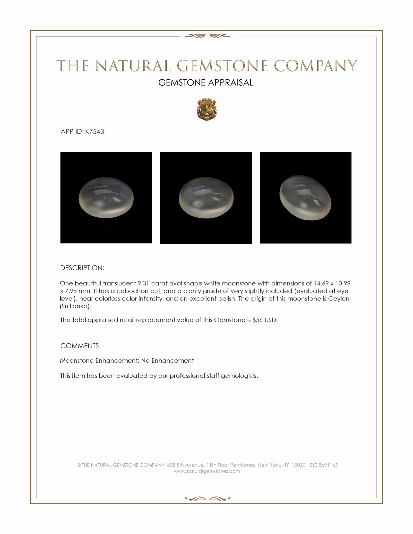 9.31 Ct. Cabochon Moonstone from Ceylon (Sri Lanka)