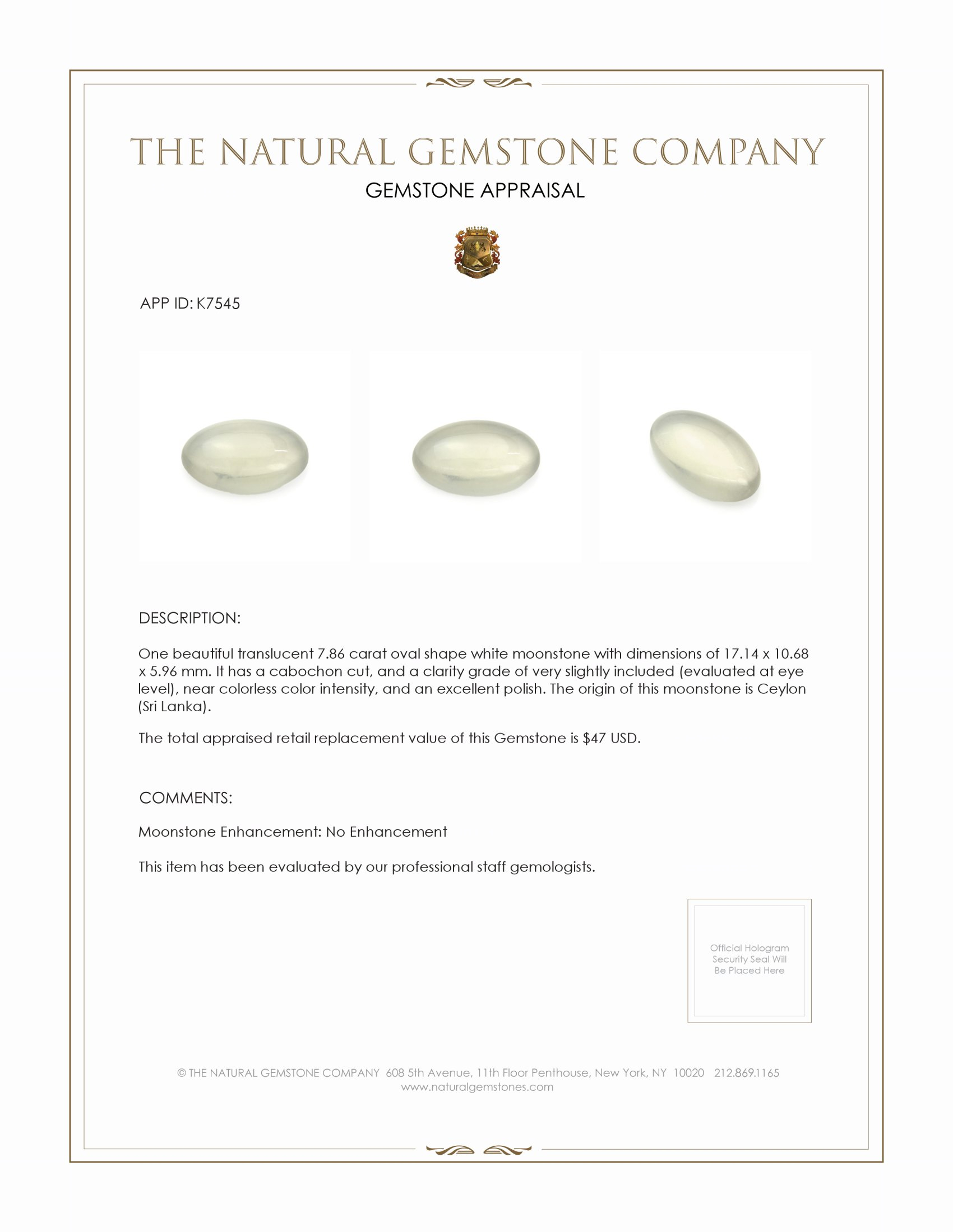 7.86 Ct. Cabochon Moonstone from Ceylon (Sri Lanka)