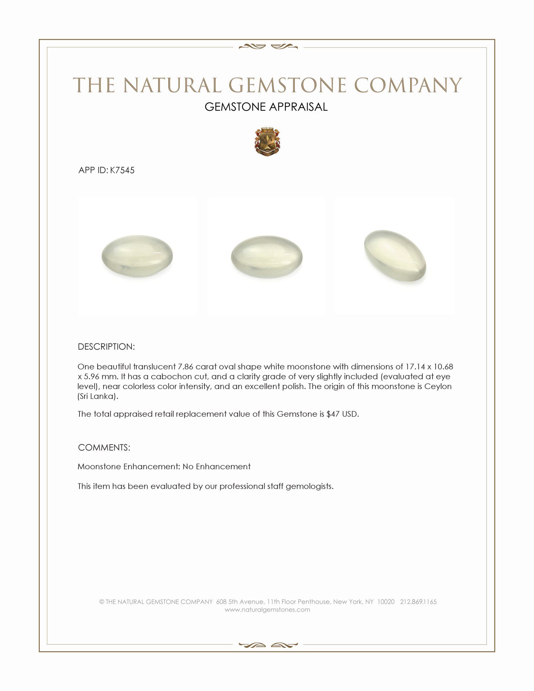 7.86 Ct. Cabochon Moonstone from Ceylon (Sri Lanka)