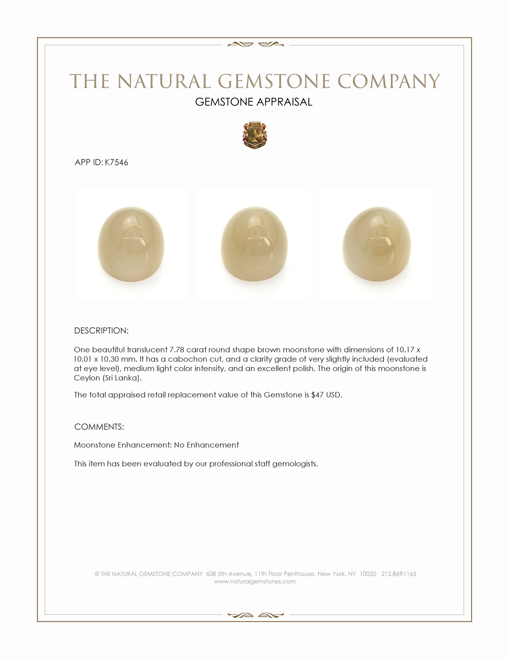 7.78 Ct. Cabochon Moonstone from Ceylon (Sri Lanka)