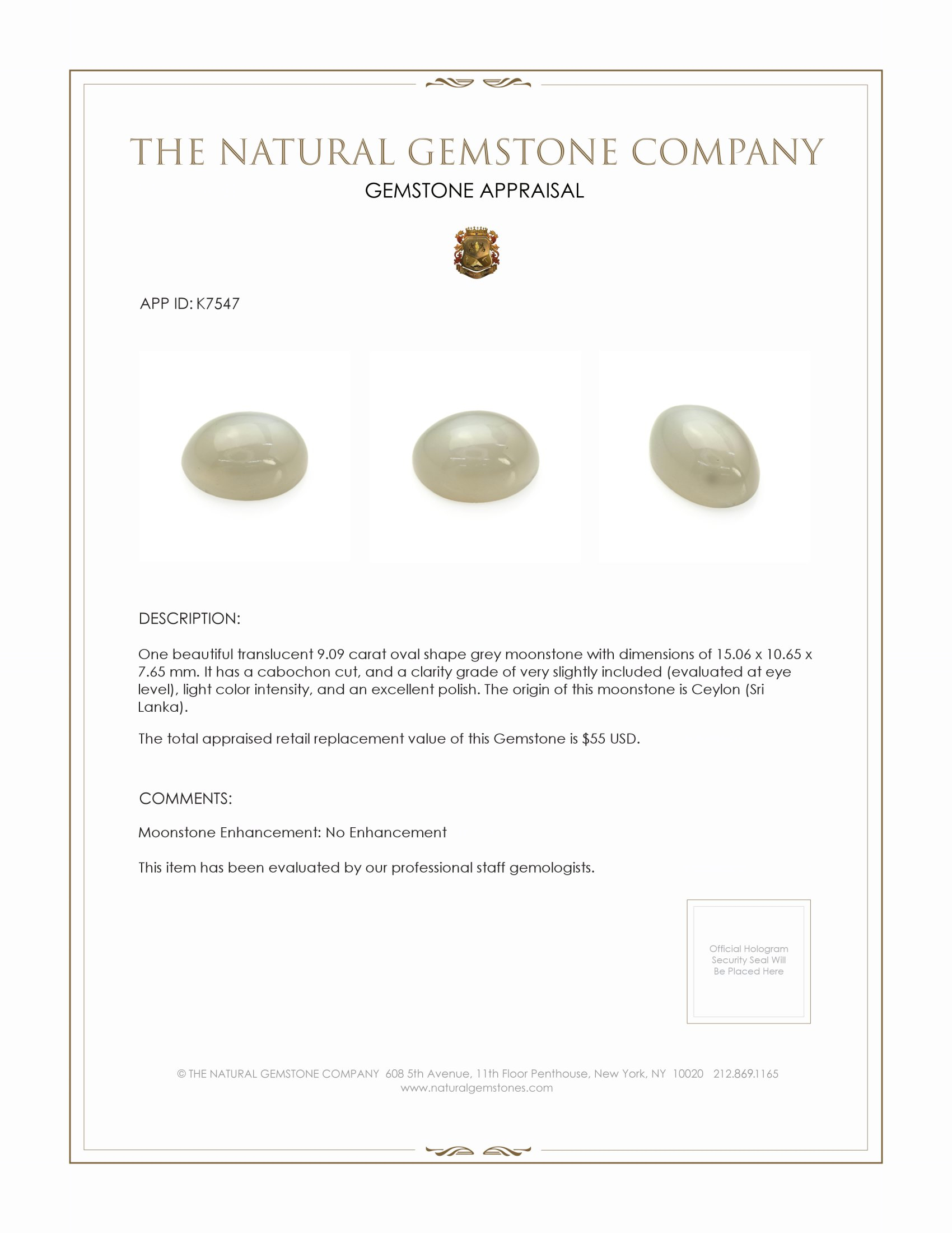 9.09 Ct. Cabochon Moonstone from Ceylon (Sri Lanka)