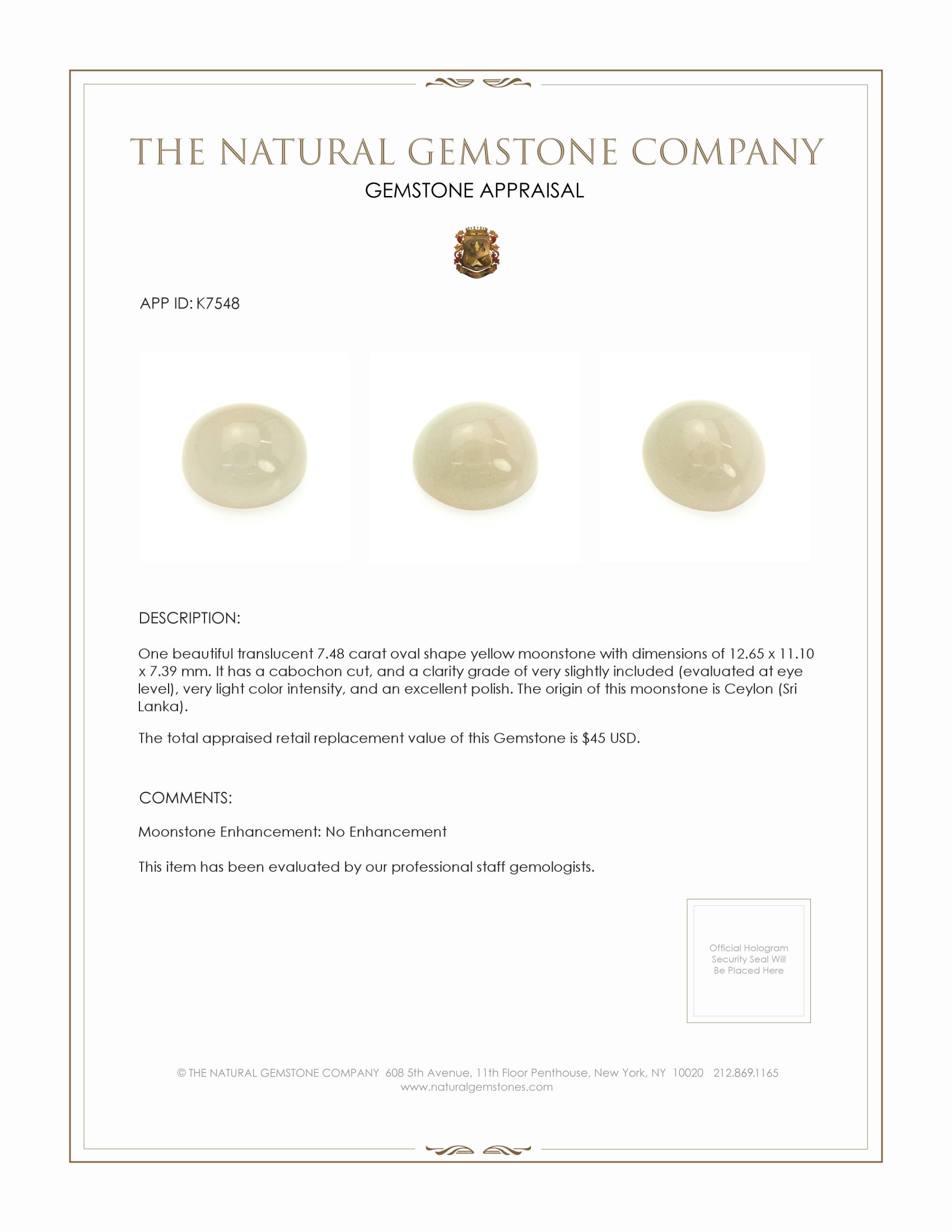 7.48 Ct. Cabochon Moonstone from Ceylon (Sri Lanka)