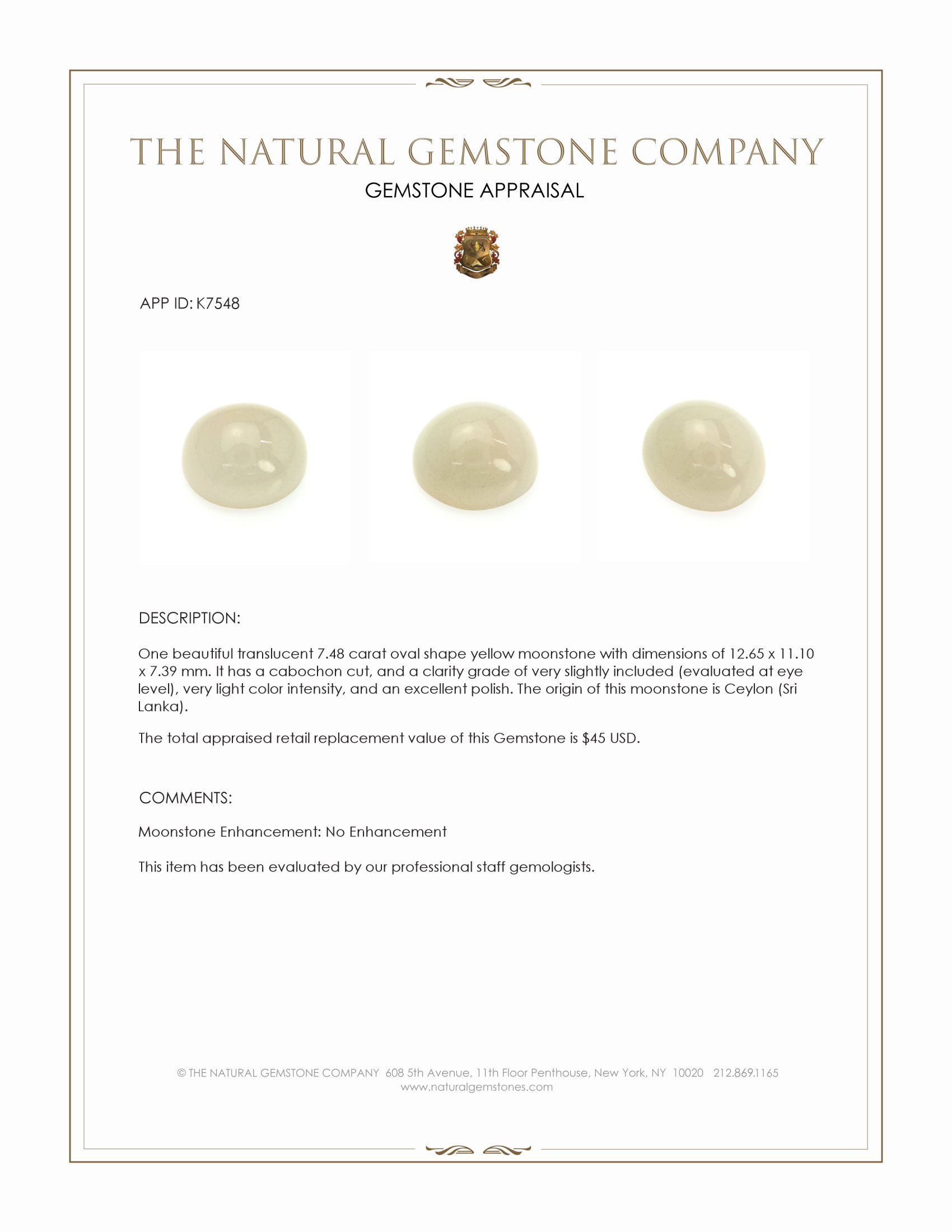 7.48 Ct. Cabochon Moonstone from Ceylon (Sri Lanka)