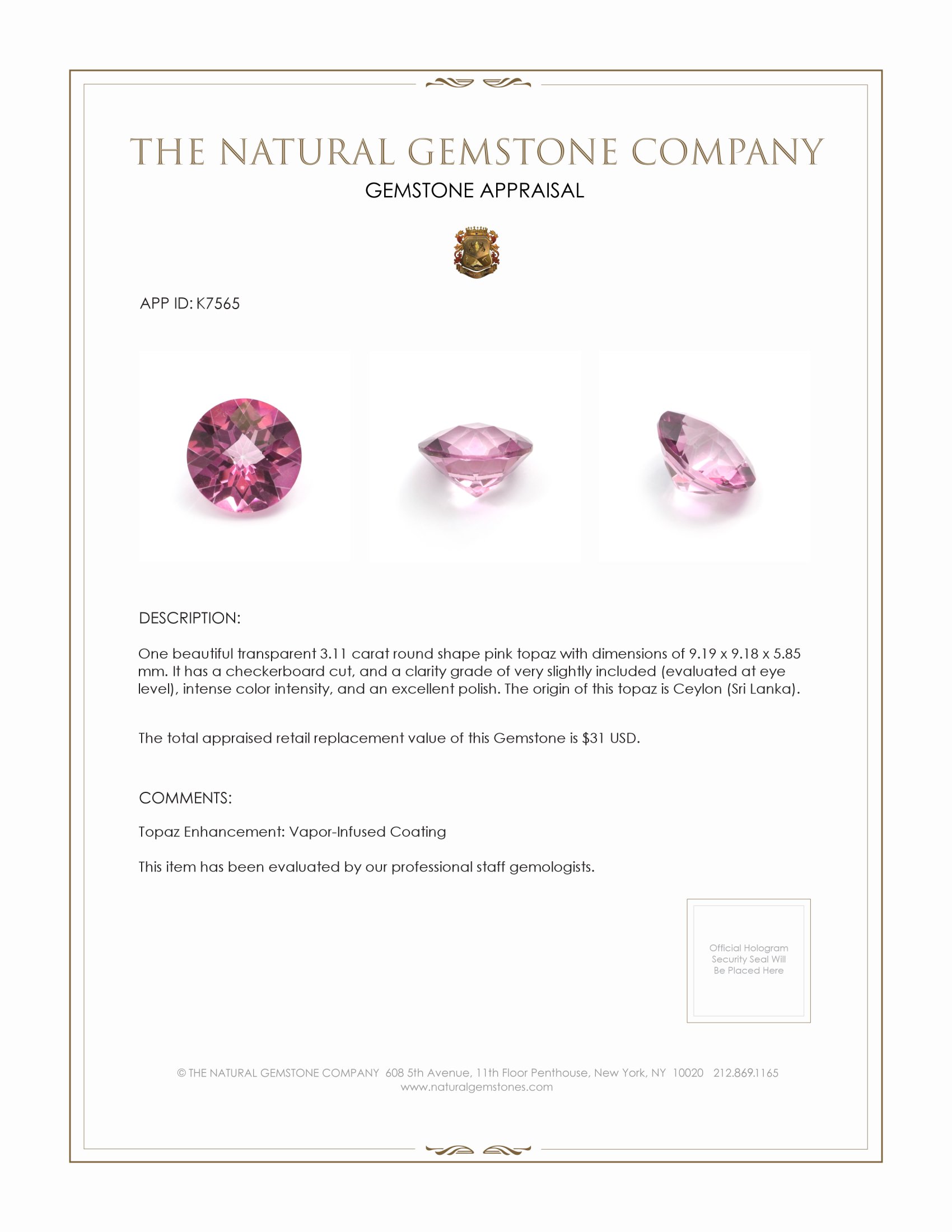 3.11 Ct. Pink Topaz from Ceylon (Sri Lanka)