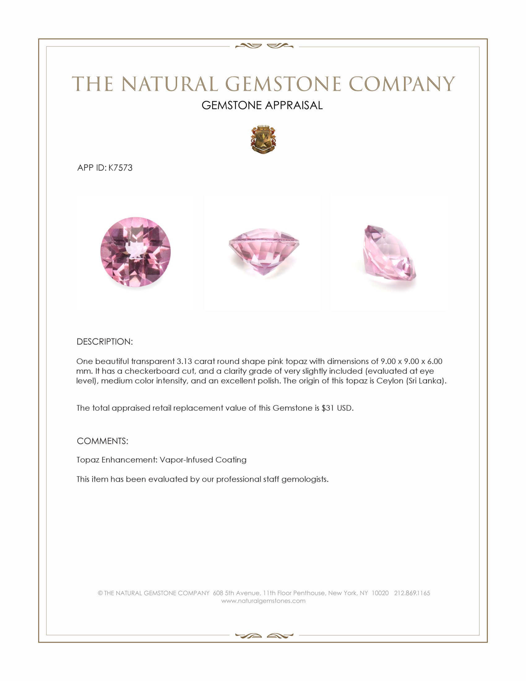 3.13 Ct. Pink Topaz from Ceylon (Sri Lanka)